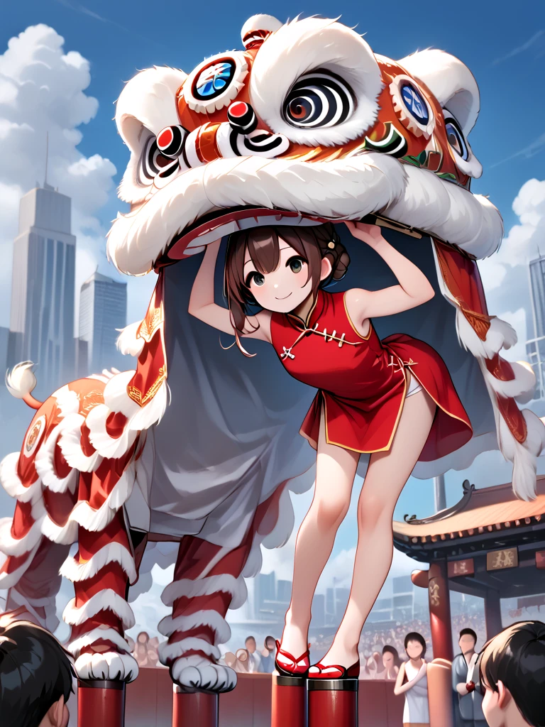 score_9, source_anime, lion dance, lifting person, wooden poles, stepping on poles, knee up, armpits, male focus, 1boy, 1girl, milf, smile, brown hair, braid, red qipao, sleeveless dress, bare legs, sky, outdoors, crowd, people, audience, cityscape, leaning forward, bent over, leg up, <lora:girllikeliondance_pony:0.8>
