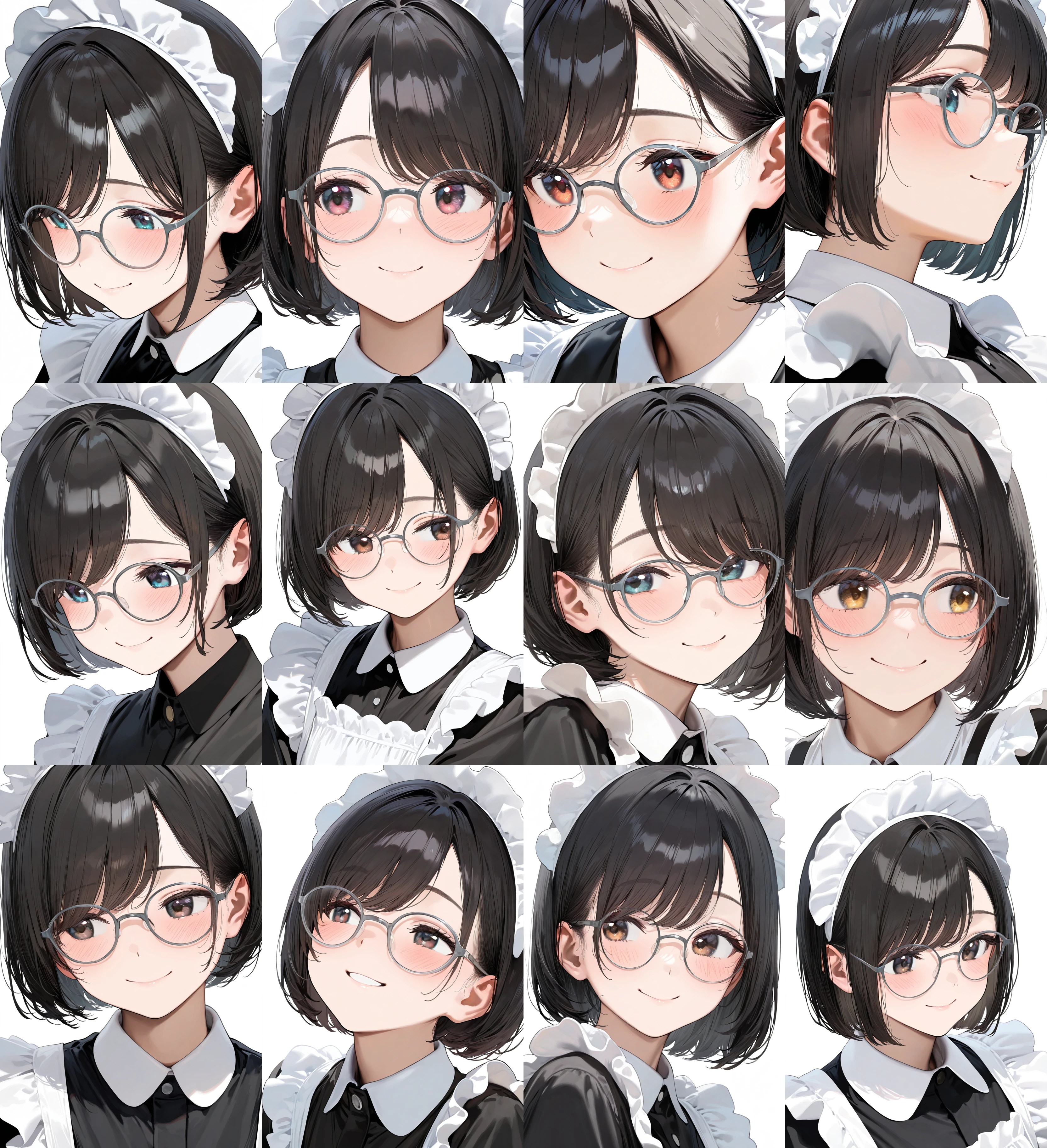 g-boston19s, glasses, grey-framed eyewear, eyewear,
1girl, solo, black hair, bob cut, swept bangs, maid headdress, maid dress, maid apron, smile, blush, looking at another,
simple background, white background, portrait, upper body,
masterpiece, best quality, amazing quality, very aesthetic, absurdres,
<lora:glasses_boston19s_Illustrious_V1L:1>