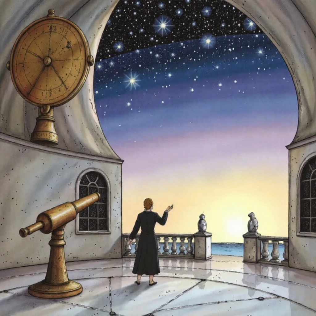 The image presents a digital painting rendered in a highly detailed, realistic style, showcasing a celestial observatory at twilight. The structure is built from polished white stone and features a large, open dome revealing a breathtaking view of the cosmos. Intricate brass instruments, astrolabes, and telescopes are positioned throughout the observatory, gleaming in the soft light. The floor is a mosaic of constellations, reflecting the vibrant colors of the nebulae visible above. In the center, a figure in flowing robes gazes upwards through a large telescope, their face illuminated by the starlight. The sky transitions from a deep blue at the zenith to warm hues of orange and pink at the horizon. The atmosphere is one of wonder and scholarly pursuit, capturing the beauty and mystery of the universe.