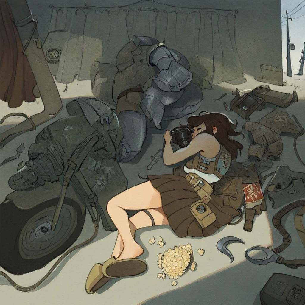 W1tchyC0ttagec0re, utility pole, slippers, lying, cable, weapon, popcorn, on side, motor vehicle, armor, pleated skirt, shade, sickle, camera, curtains, belt
