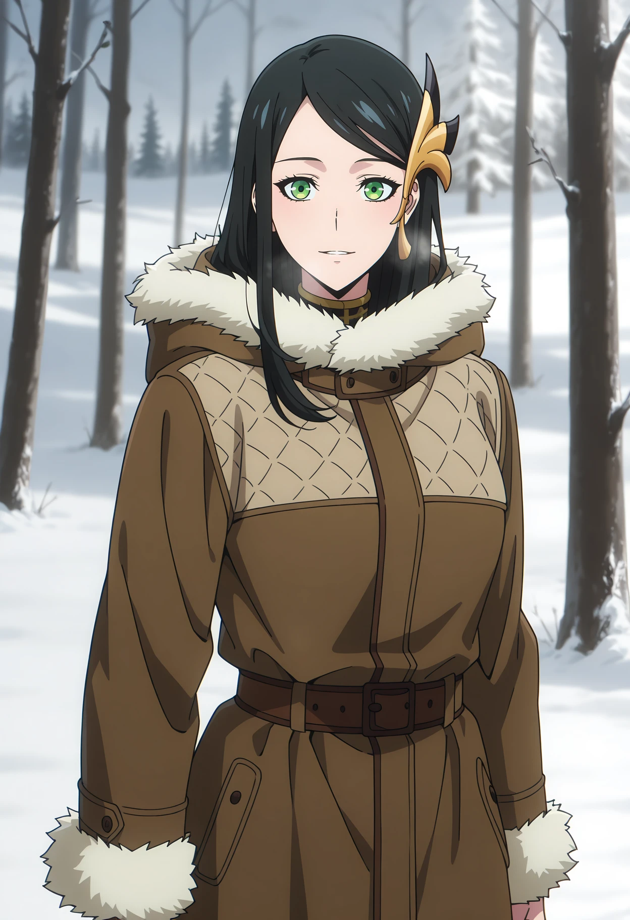 anime screencap, masterpiece, best quality,
<lora:SoloLeveling_ParkHeejin_IlluXL:0.9>,
1girl, solo, parted lips, breathing, light smile,
long hair, swept bangs, parted bangs, black hair, green eyes, hair ornament,
HeejinCoat, fur coat, hooded coat, brown coat, brown belt,
standing, looking at the viewer, cowboy shot,
outdoors, forest, snow, nature, day, blurry background