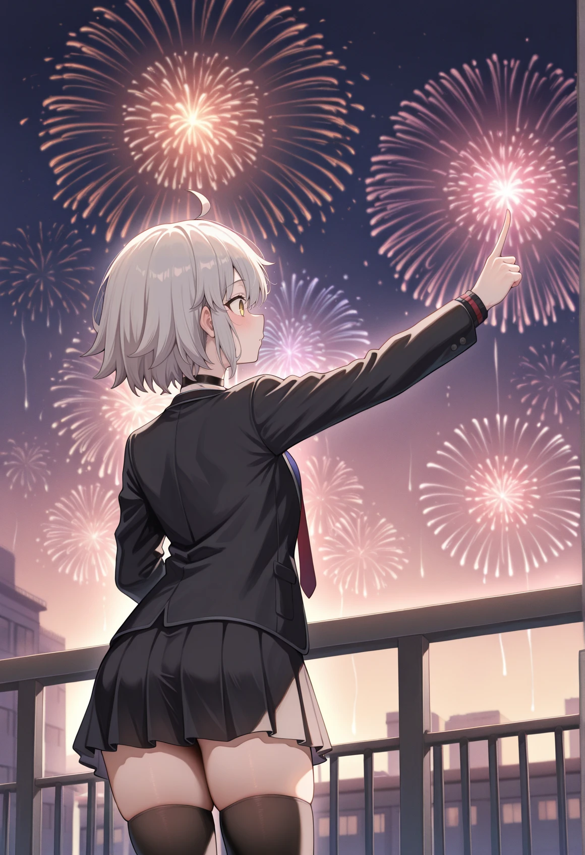 1girl, short hair, ahoge, grey hair, yellow eyes, choker, school uniform, white shirt, red necktie, blue vest, black jacket, black skirt, thighhighs, from behind, pointing up, outdoors, balcony, fireworks <lora:Jeanne_Alter_illus:1>, masterpiece, best quality, amazing quality, very aesthetic, absurdres, highres, newest