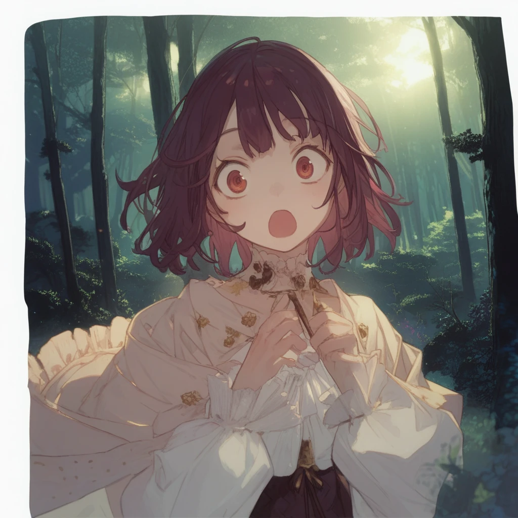 YuugenNocoStyle, AtelierMysteriousSeriesStyle, noco_(adamas), 1girl, sophie_neuenmullers, upper body, female focus, (surprised):0.1, (curious):0.2, soft light, beautiful light, beautiful night, forest, nighttime, score_9, score_8_up, score_7_up, masterpiece, best_quality