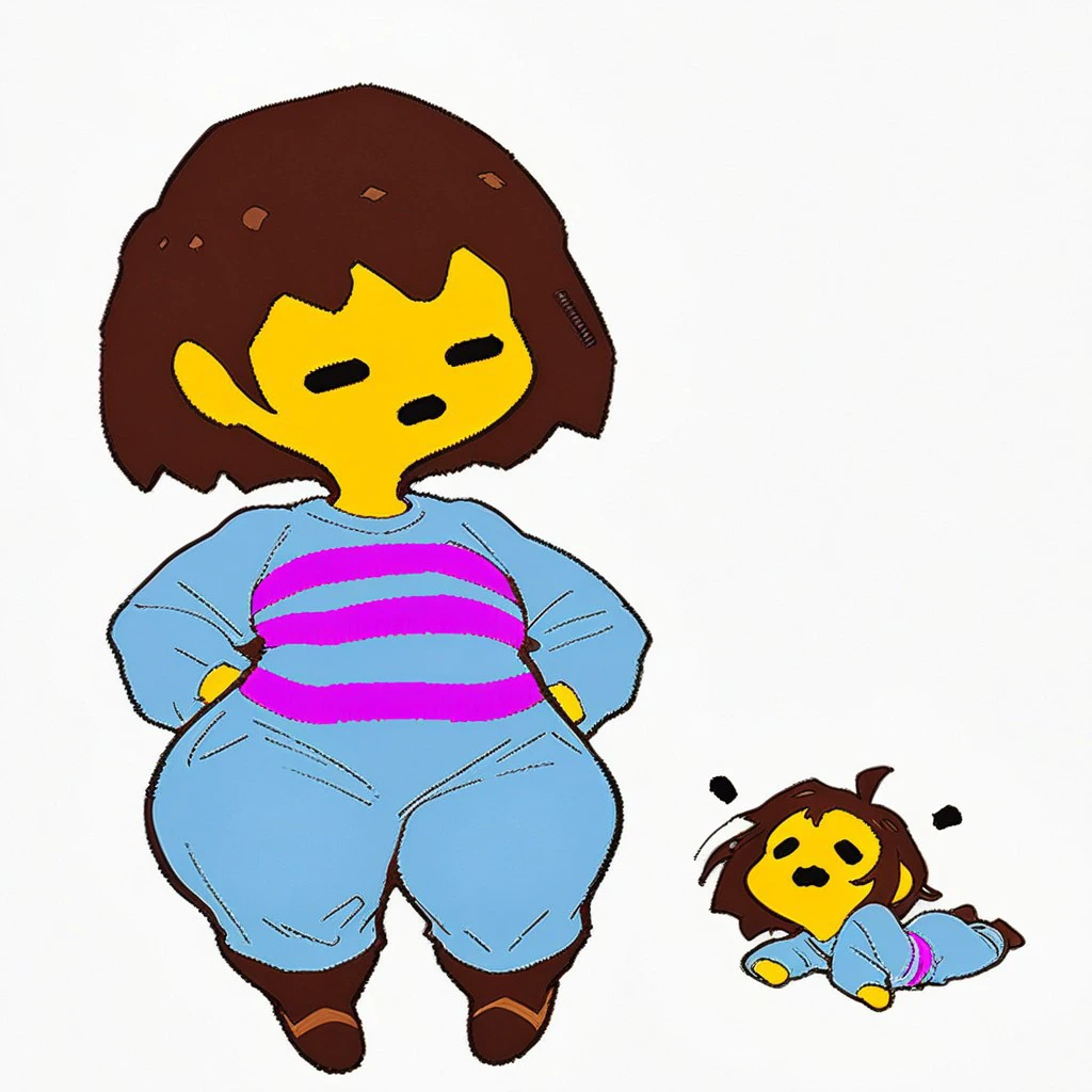Score_9, score_8_up, score_7_up, digital art, cartoonish, FriskUndertale, 1girl, solo, thin waist, Thunder thighs, huge thighs, big ass, gigantic thighs, gigantic ass, big tits, huge breasts, hyper thighs, wide hips, shortstack, 2d, digital art, cartoonish, cartoon, yellow skinned, colored skin, human, long-sleeves shirt, light blue shirt, magenta stripes on shirt, light blue pants, brown shoes, medium hair, brown hair, short bangs, choppy bangs, Blank expression, closed eyes, closed mouth, white background