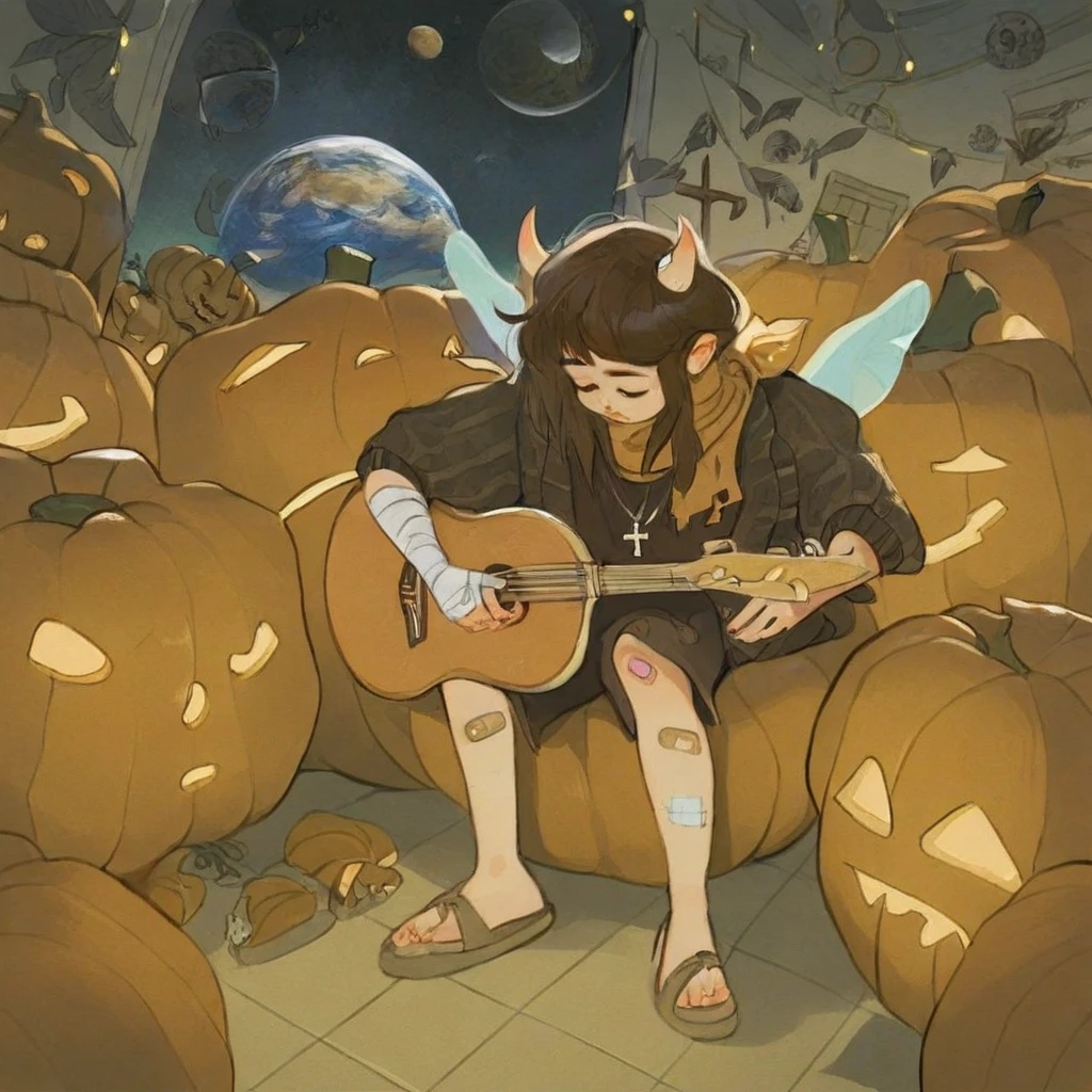 W1tchyC0ttagec0re, brown hair, bandaid on arm, scarf, bandaged arm, playing instrument, sleeping, tile floor, pumpkin, horns, sandals, wings, planet, looking down, cross, necklace