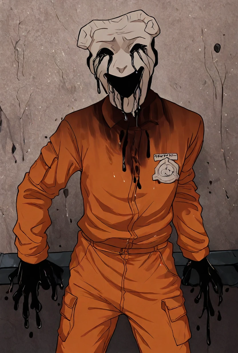 <lora:scp035-10:1> scp035, 1boy, solo, white mask, orange shirt, open mouth, orange jumpsuit, dripping black slime from hands, black tears, torn clothes, black hands, <lora:pepipeep_ill:1>, masterpiece, best quality, amazing quality, very aesthetic, absurdres, newest,