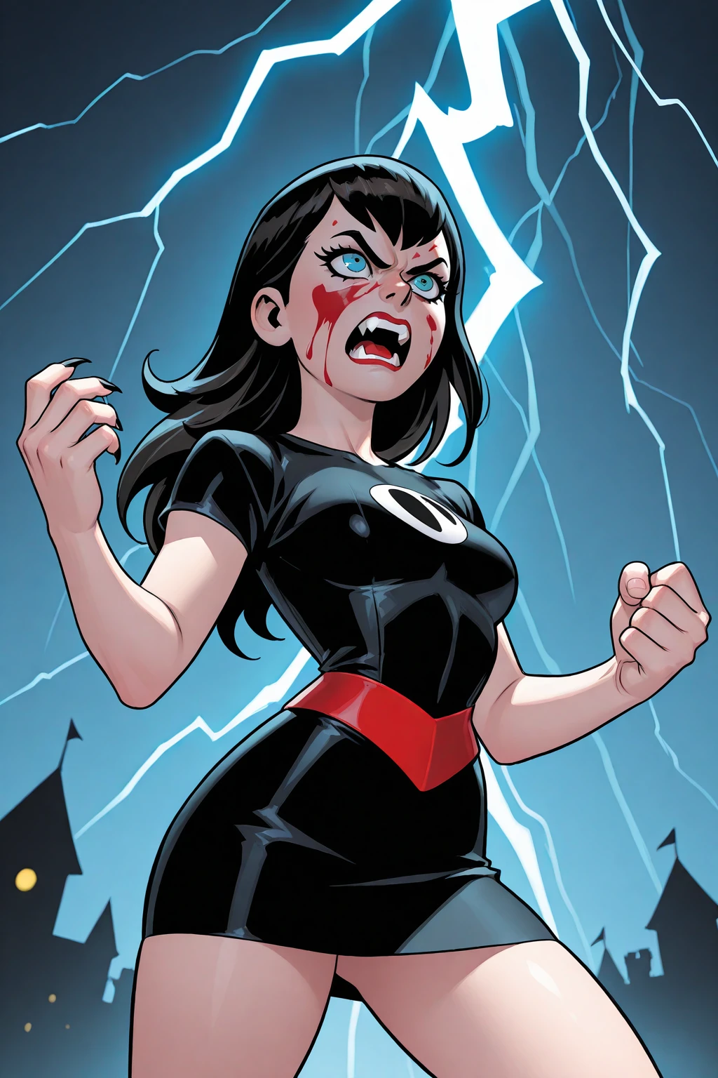 masterpiece, good quality, best quality, very awa, very as2, absurdres, highres
<lora:Carlos GomezStyleilluLYCO:1> cgstyle, (borderless), cowboy shot,
mavis dracula (hotel transylvania), angry, fighting stance, lightning, blood on face, claws, fangs, black dress, short sleeve, mini skirt, leather, mature