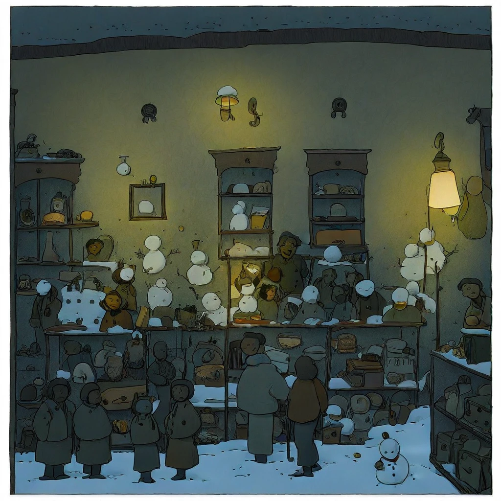 On-The-Brink, shadow, shelf, suitcase, 2boys, snow, jacket, 6+girls, dark skin, food, snowman, ambiguous gender, lamp, border