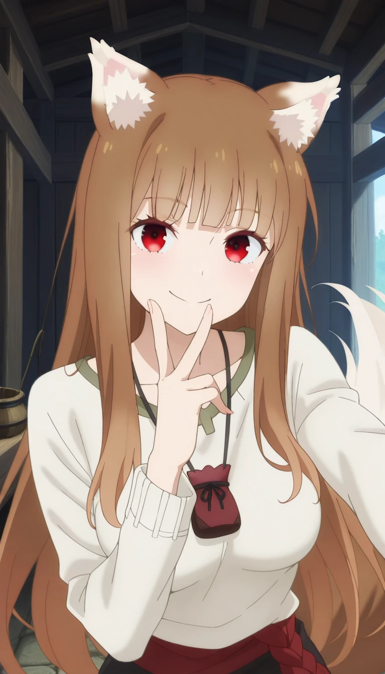 (masterpiece),best quality,amazing quality,very aesthetic,absurdres,newest,perfect body,shiny skin,perfect eyes,detail1eye,well-defined fingers,well-defined fingernails,anime style,indoors,1girl,solo,upper body,(portrait:1.5),looking at viewer,facing viewer,smile,blush,Holo,wolf girl,animal ears,animal ear fluff,wolf ears,very long hair,shiny hair,brown hair,sidelocks,blunt bangs,red eyes,collarbone,pouch,white sweater,long sleeves,red sash,medium breasts,black pants,wolf tail,black footwear,<lora:Holo(otkmmtww)-Illus:1.8>,