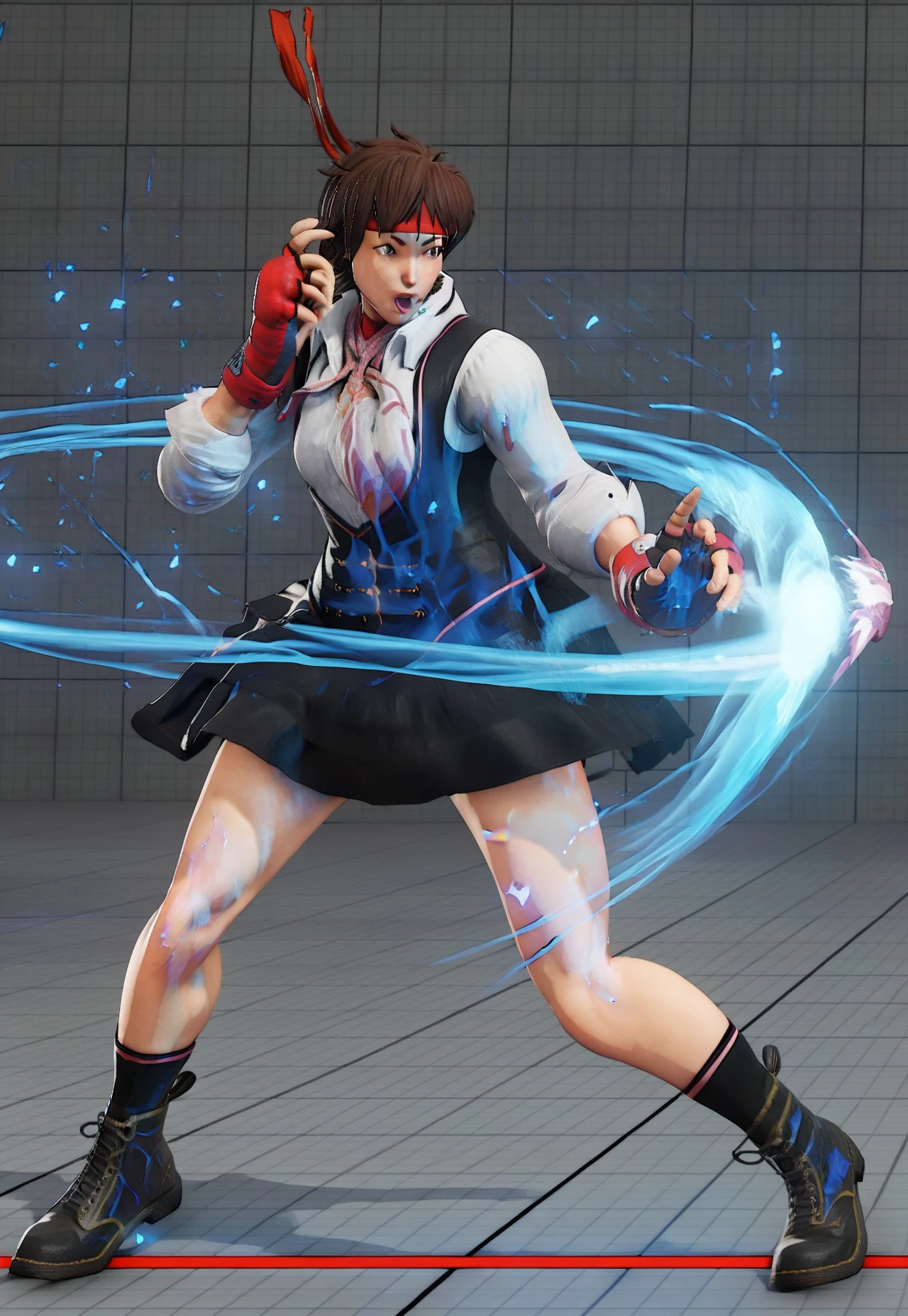 Mila from Dead or alive, in white french maid top, navy blue skirt, white cotton panties, long white socks, black dress shoes, throwing a roundhouse kick, anime art style, intricate details