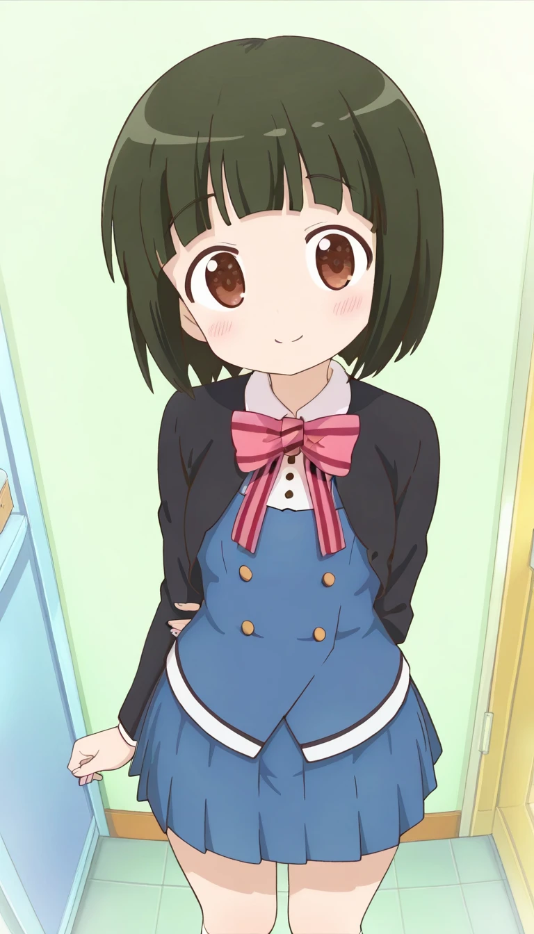 (masterpiece),best quality,amazing quality,very aesthetic,absurdres,newest,perfect body,shiny skin,perfect eyes,detail1eye,well-defined fingers,well-defined fingernails,anime style,indoors,1girl,solo,upper body,(portrait:1.5),looking at viewer,facing viewer,smile,blush,Oomiya Shinobu,short hair,green hair,bob cut,blunt bangs,brown eyes,kin-iro mosaic high school uniform,black jacket,cropped jacket,blue vest,white shirt,collared shirt,pink bowtie,neck ribbon,pink ribbon,long sleeves,small breasts,miniskirt,blue skirt,white socks,black footwear,<lora:Oomiya Shinobu(km)-Illus:1.6>,
