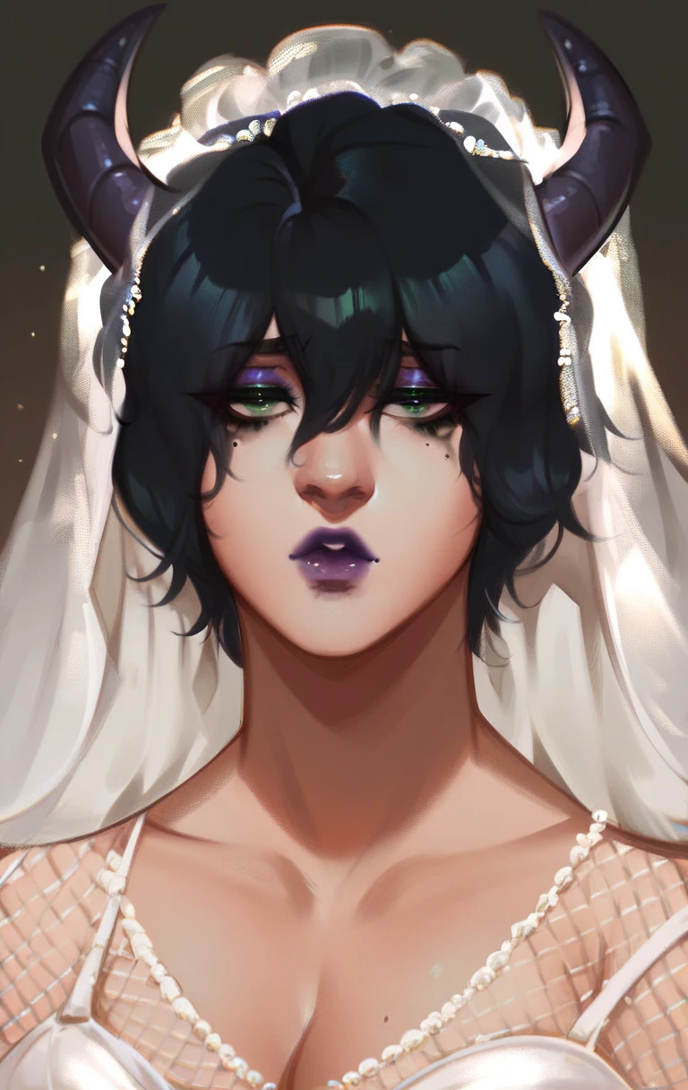 score_9, score_8_up, score_7_up, 1girl, solo, horns, ((bridal mesh veil over face)), black hair, green eyes, makeup, purple lips, lipstick, short hair, upper body, half open eyes, leaking mascara, looking tired <lora:fauxoil:1>