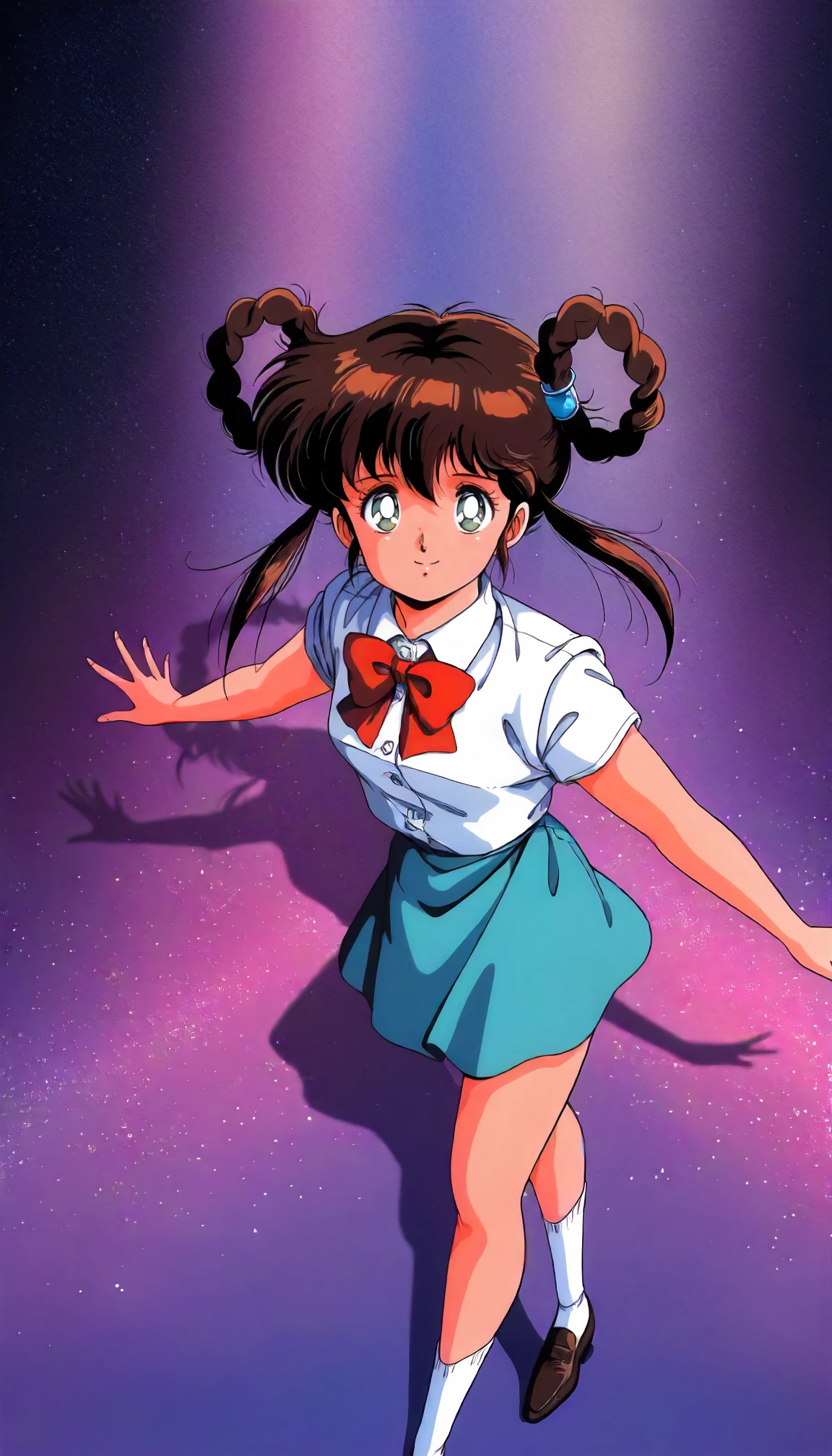 <lora:MHY_mano_youkoXLIllustrious001>,
masterpiece,best quality,good quality,newest,
glitter,
smile,
looking at viewer,
solo,
anime coloring,retro artstyle,1980s \(style\),
mano_youko\(mamono_hunter_youko\),1girl,brown hair,hair rings,twintails,green eyes,
collared_shirt,white shirt,short_sleeves,red bow tie,
aqua skirt,
socks,loafers,
standing,