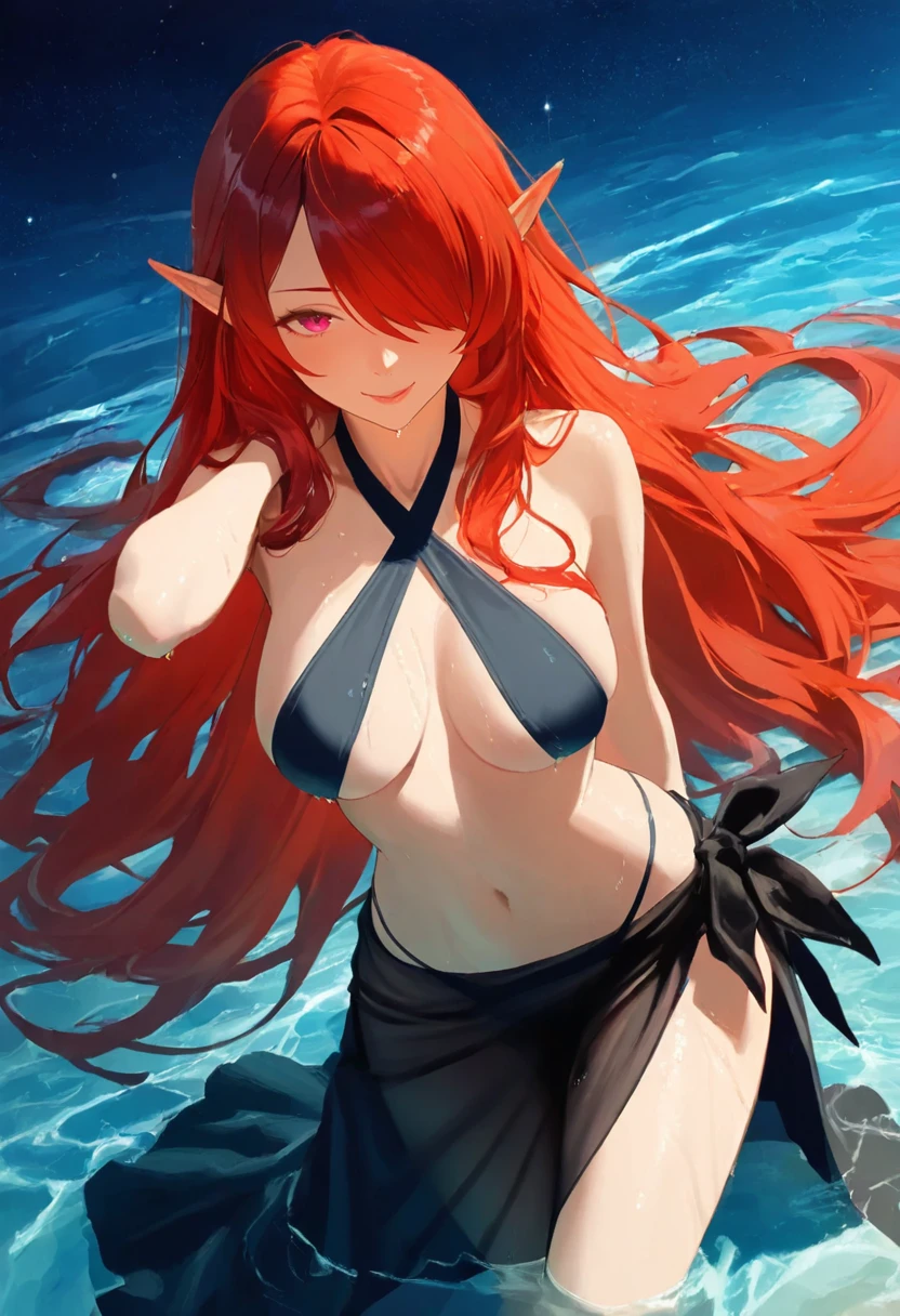 Anime girl. Long orange hair. Green eyes Outdoors. Ocean, water. Thunderhead, sunset, lightening bolts, lightening hitting water. Nude, Nudity, ((2:1massive breasts)), visible nipples. Visible vagina. Oozing. 1character. (1girl). wet skin, dripping wet. Freckles. Solo. Alone. Wind blown hair. Sultry expression, sexy pose, laying in ocean, laying on back. legs apart. Tan skin, elf ears. Tropical Island. Thunderstorm. raining. Wet hair. Full body, long legs.