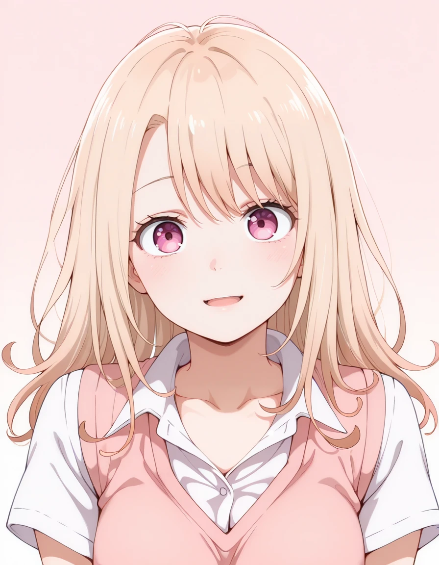 masterpiece, best quality, amazing quality,
1girl, solo, looking at viewer, gradient background, light smile, portrait, open mouth,
mona kawai (medakawa), long hair, blonde hair, parted bangs, pink eyes, collarbone,
school uniform, white collared shirt, pink sweater vest, collarbone, short sleeves,
<lora:mona_kawai-medakawa_s1-ixl-anime-soralz:1>