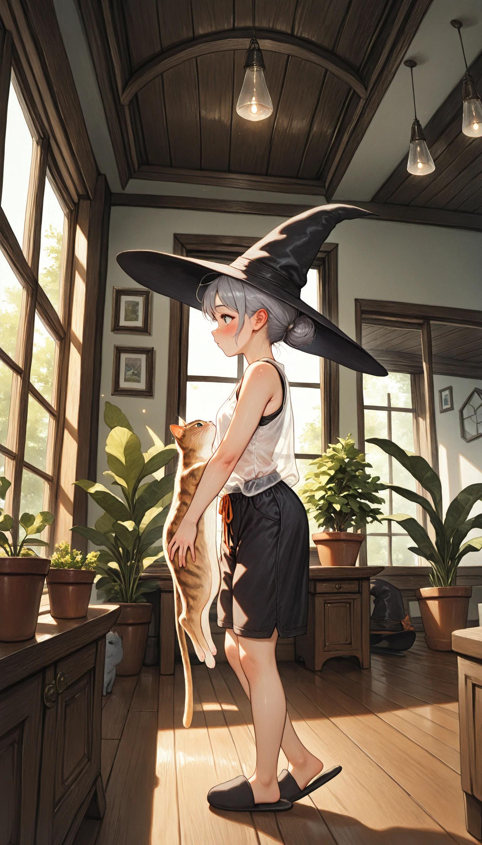 (cowboy shot, masterpiece, blurry, bokeh, best quality, highly detailed, high-resolution, detailed texture, absurdres, amazing quality, very aesthetic, absurdres, newest, scenery, chiaroscuro, vignetting, dutch angle, depth of field, soft luminescent glow))
((W1tchyC0ttagec0re, 1girl, solo, blush, hat, standing, grey hair, shoes, shorts, sleeveless, indoors, hair bun, black footwear, window, sleeveless shirt, black headwear, profile, witch hat, black shorts, single hair bun, see-through cat, plant, headwear removed, hat removed, wooden floor, witch, potted plant, slippers, very wide shot))