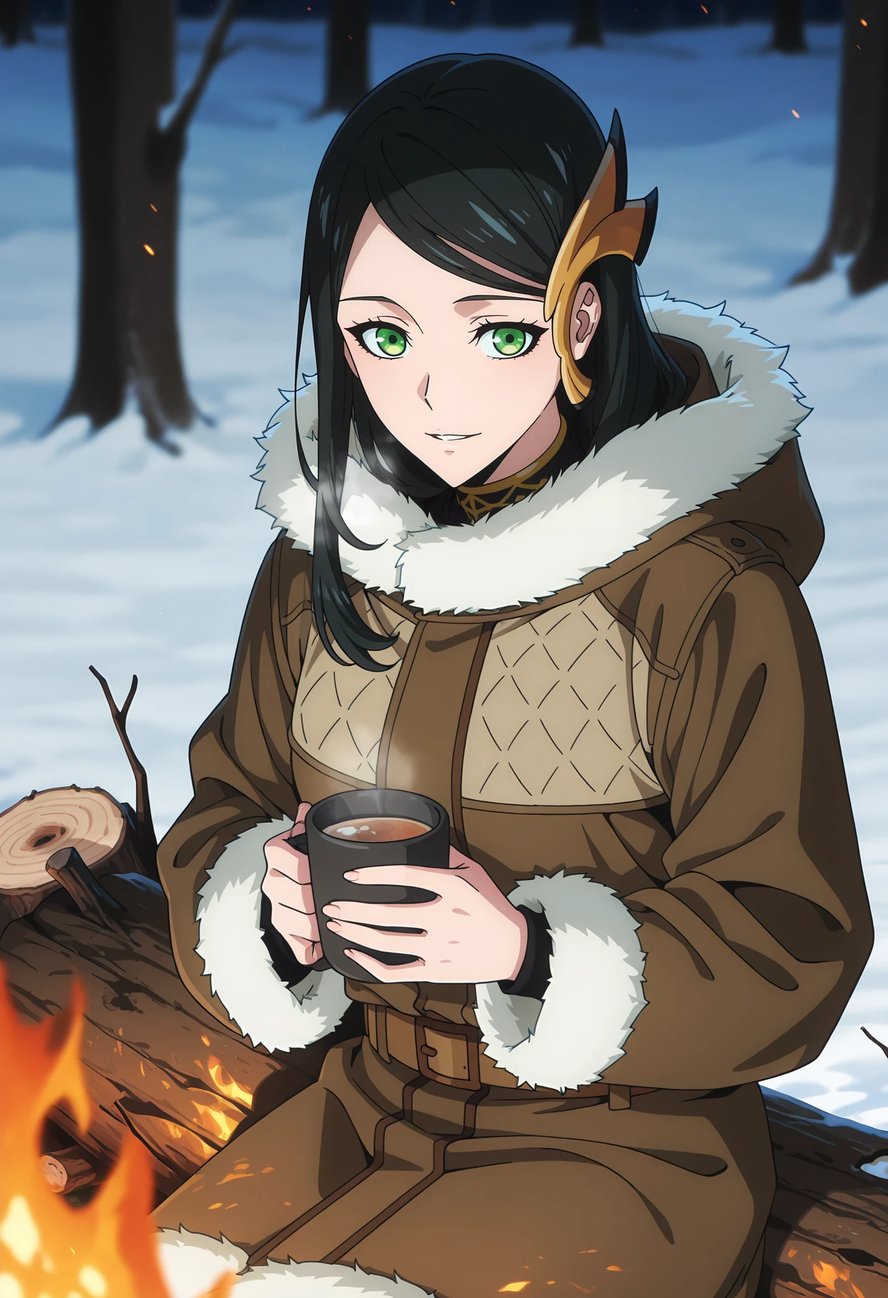 anime screencap, masterpiece, best quality,
<lora:SoloLeveling_ParkHeejin_IlluXL:0.9>,
1girl, solo, parted lips, breathing, light smile,
long hair, swept bangs, parted bangs, black hair, green eyes, hair ornament,
HeejinCoat, fur coat, hooded coat, brown coat, brown belt,
holding cup,
sitting, looking at the viewer, cowboy shot,
outdoors, log, campfire, embers, forest, snow, nature, night sky, blurry background