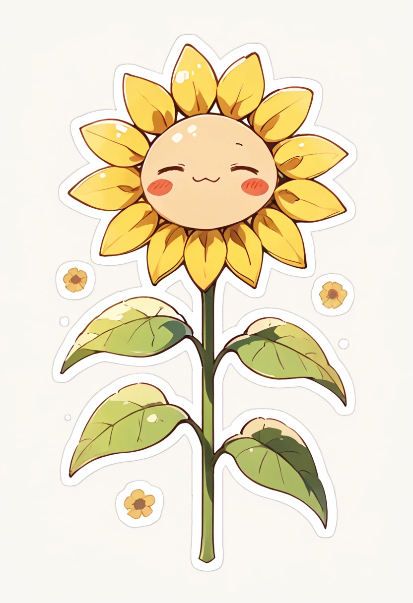 solo, blush, simple background, white background, closed mouth, closed eyes, flower, no humans, :3, leaf, blush stickers, outline, =_=, yellow flower, sunflower, white outline ,<lora:KawaiiKritterIXL:1.0>,