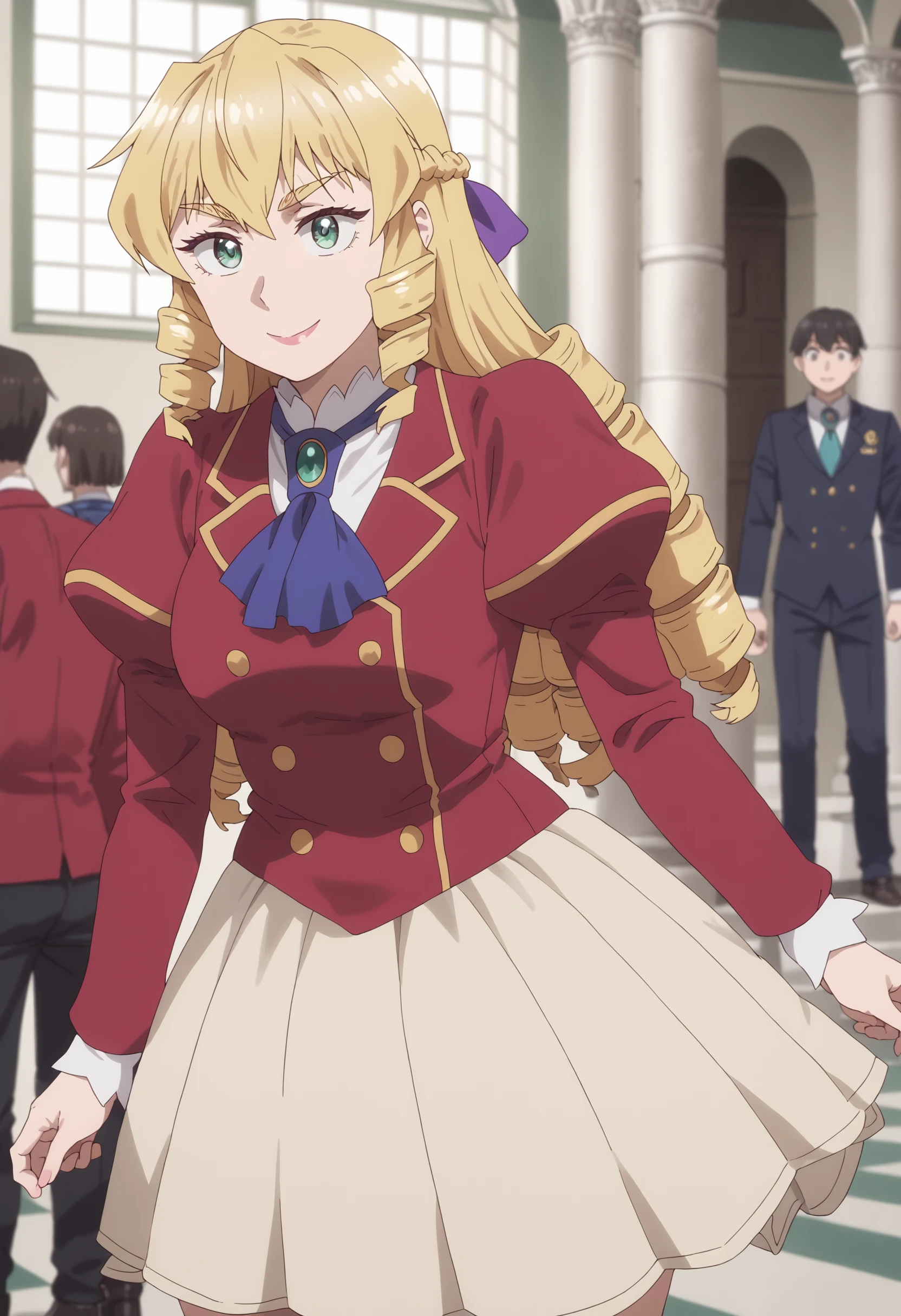 score_9, score_8_up, score_7_up, absurd_res, hi_res,1girl,solo,woman, anime style, anime coloring,
graceauvergne, green eyes, blonde hair, long hair, drill hair, french braid, smile,school uniform, hair bow, purple bow, purple ascot, green brooch, red jacket, long sleeves, puffy sleeves, yellow trim, long skirt, white skirt, brown knee boots, walking, school building, inside, waving, knee boots, dynamic pose,masterpiece,best quality,absurdres, amazing quality,detailed eyes,