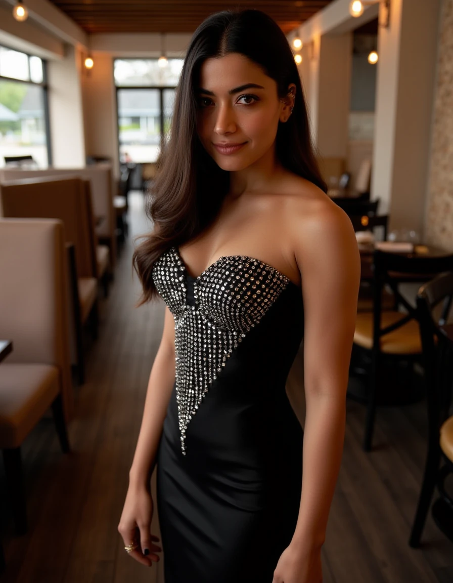 <lora:Rashmika_Mandanna_Flux:1> This is a beautiful photograph of a woman standing in a cafe, looking at the viewer, smiling. She has long, straight, dark brown hair that cascades over her shoulders. She is wearing an elegant, strapless, floor-length gown that is predominantly black with intricate, silver sequin details. The sequins are arranged in a vertical, diagonal pattern, creating a striking contrast that catches the light and adds a sense of glamour to the outfit. The gown is fitted at the bust and waist, flaring slightly at the , and the fabric appears to be a smooth, satin-like material.