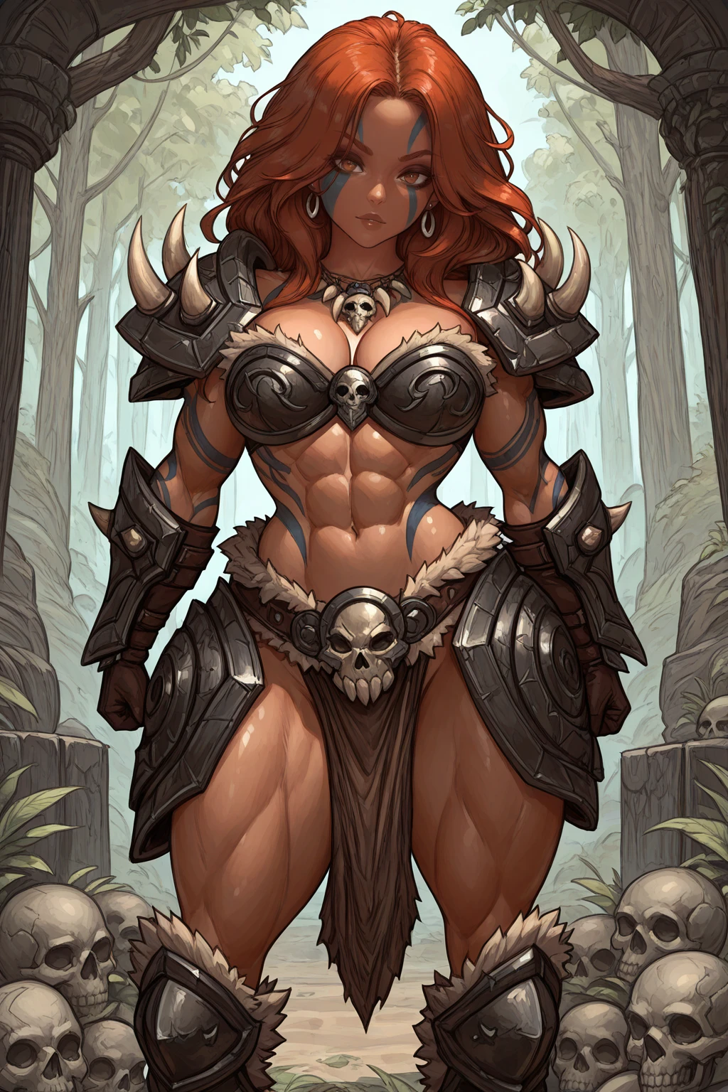 masterpiece, good quality, best quality, very awa, very as2, absurdres, highres
<lora:alvaStyleilluLYC:1>alva 1girl, sexy clothes, outdoors
<lora:D4BarbIllustriousLoRA:1>1girl, long hair, tattoo, armor, earrings, shoulder armor, pauldrons, ponytail, muscular, abs, midriff, bikini armor, tribal, necklace, facepaint, cleavage, spikes, toned, gloves, gauntlets, loincloth, skull, fur trim, facial tattoo, greaves, vembraces, looking at viewer
