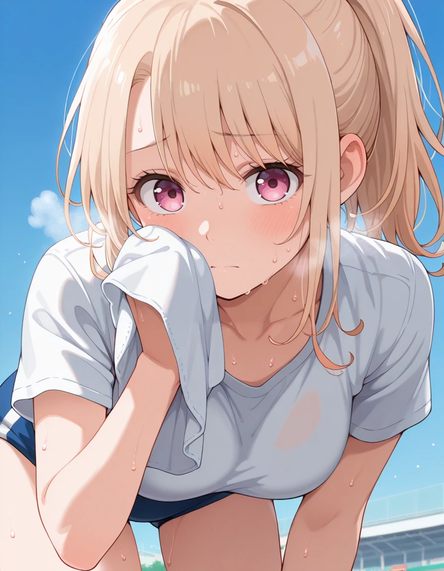 masterpiece, best quality, amazing quality,
1girl, solo, looking at viewer, trackfield, blue sky, wiping sweat,
mona kawai (medakawa), long hair, blonde hair, parted bangs, pink eyes, ponytail,
gym outfit, white shirt, collarbone, short sleeves,
bending over, sweat, heavy breathing,
<lora:mona_kawai-medakawa_s1-ixl-anime-soralz:1>