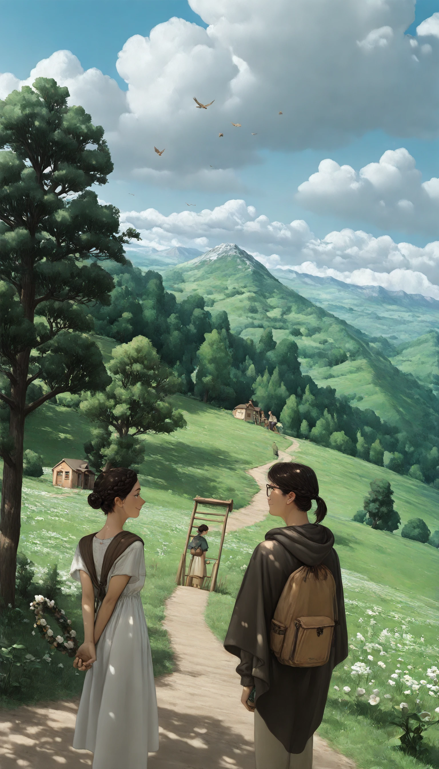 ((cartoon, landscape, cowboy_shot, dutch angle))
((on-the-brink, 1girl, solo, smile, short_hair, brown_hair, black_hair, photoshop_(medium), shirt, dress, 1boy, long_sleeves, original, brown_eyes, holding, sitting, standing, ponytail, braid, flower, short_sleeves, male_focus, wings, glasses, sky, outdoors, day, cloud, pants, hood, cape, from_behind, looking_at_another, tree, from_side, blue_sky, profile, hoodie, shadow, bird, leaf, chair, arms_behind_back, hair_bun, sunlight, backpack, grass, plant, hood_down, wind, child, building, nature, white_flower, scenery, cloak, androgynous, forest, 1other, mountain, robe, branch, road, facing_away, shade, field, house, green_theme, wide_shot, dappled_sunlight, landscape, ambiguous_gender, ladder, path, hill, tree_shade, wreath))