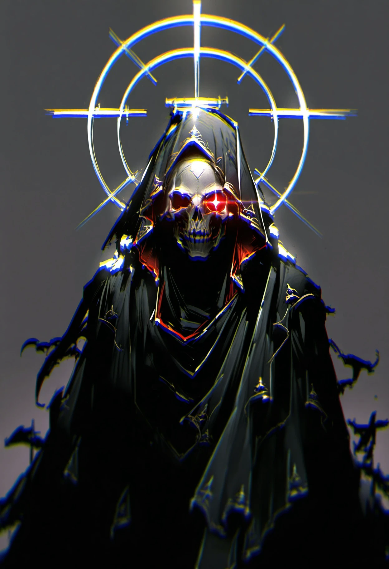 masterpiece, best quality, <lora:dark_fantasy_style_ill_v1:1> dark_fantasy, solo, looking at viewer, simple background, 1boy, red eyes, upper body, male focus, grey background, halo, glowing, cloak, glowing eyes, skull, chromatic aberration, glowing eye, black cloak