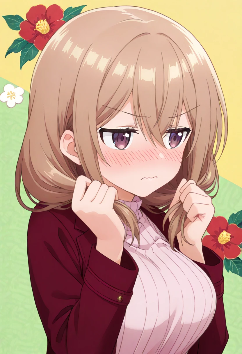 masterpiece, best quality, absurdres, very aesthetic, general,
katase shiori, 1girl, solo, blush, wavy mouth, closed mouth, hair between eyes, eyebrows visible through hair, green background, floral background, v-shaped eyebrows, brown hair, holding hair, long hair, upper body, red jacket, long sleeves, brown eyes, hands up, open jacket, looking at viewer, , looking away, light brown hair, purple eyes, pink shirt, gradient background, nose blush, white shirt, hair over shoulder, large breasts, ribbed shirt, bunching hair, playing with own hair, simple background, embarrassed, medium hair, yellow background, looking to the side, clenched hands, ribbed sweater, two-tone background, blonde hair, frown, brown shirt, red flower, striped shirt, vertical stripes, sweater, short hair, jitome,
<lora:katase_shiori_illustXL_locon_v1:0.7>