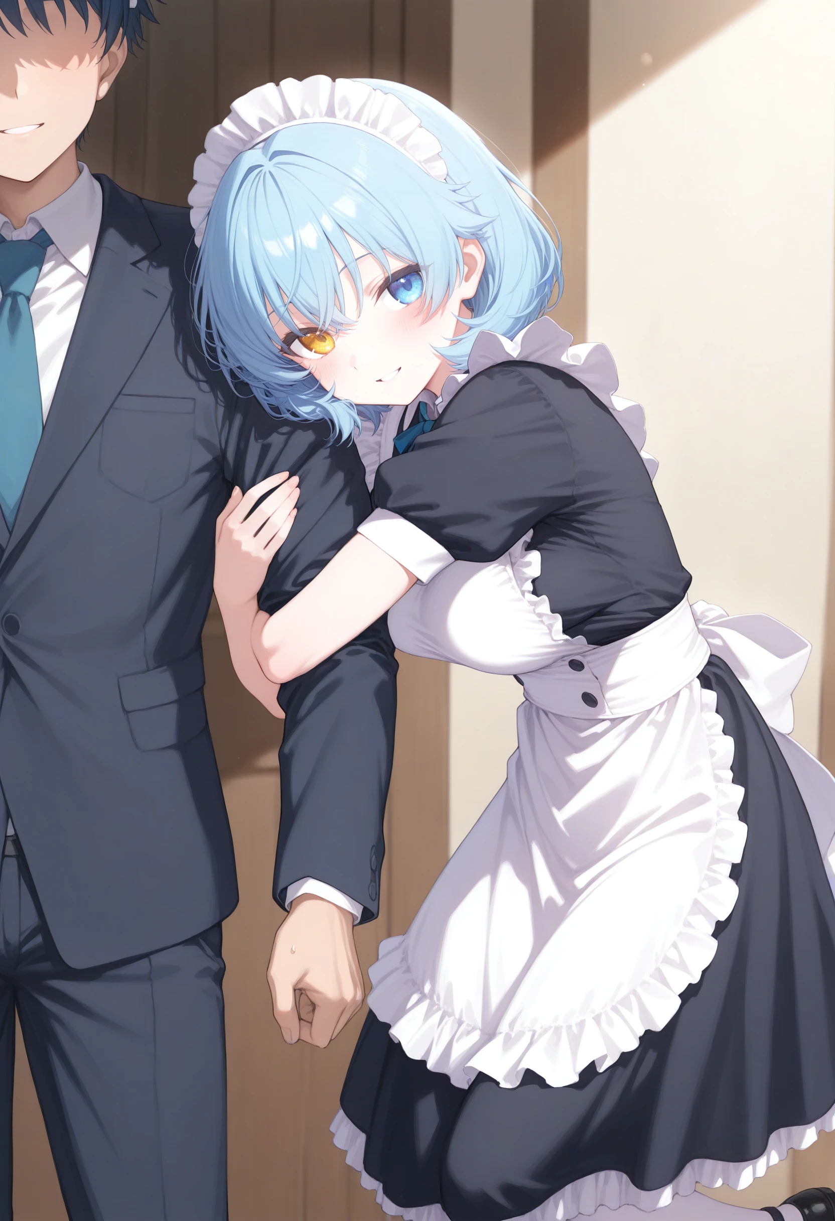 1girl,(sho \(sho lwlw\):0.7),(toosaka asagi:0.5),(sincos:0.3),solo,
masterpiece, best quality, newest, absurdres, CG, anime, source anime, illustration,
maid, maid headdress,medium breasts,
arm hug,solo focus, out of frame, holding another's arm, <lora:armhug_Illust_v1:0.8>
from side, feet out of frame, looking at viewer, blue hair, heterochromia,light smile, trade fair, parted lips, lightly curled inwards hair,