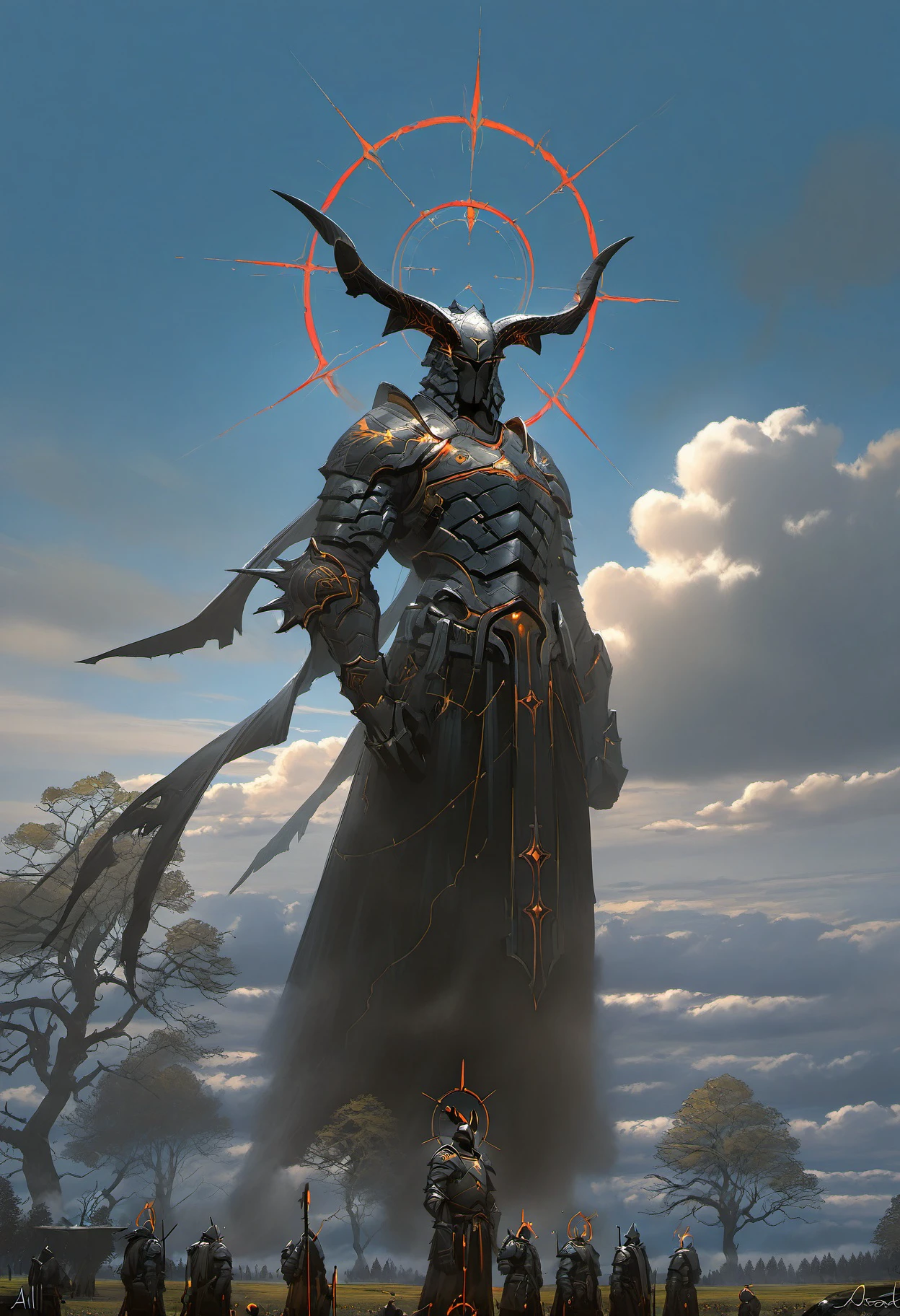 masterpiece, best quality, <lora:dark_fantasy_style_ill_v1:1> dark_fantasy, standing, weapon, outdoors, horns, sky, artist name, cloud, signature, armor, halo, tree, helmet, multiple others, giant, 6+others