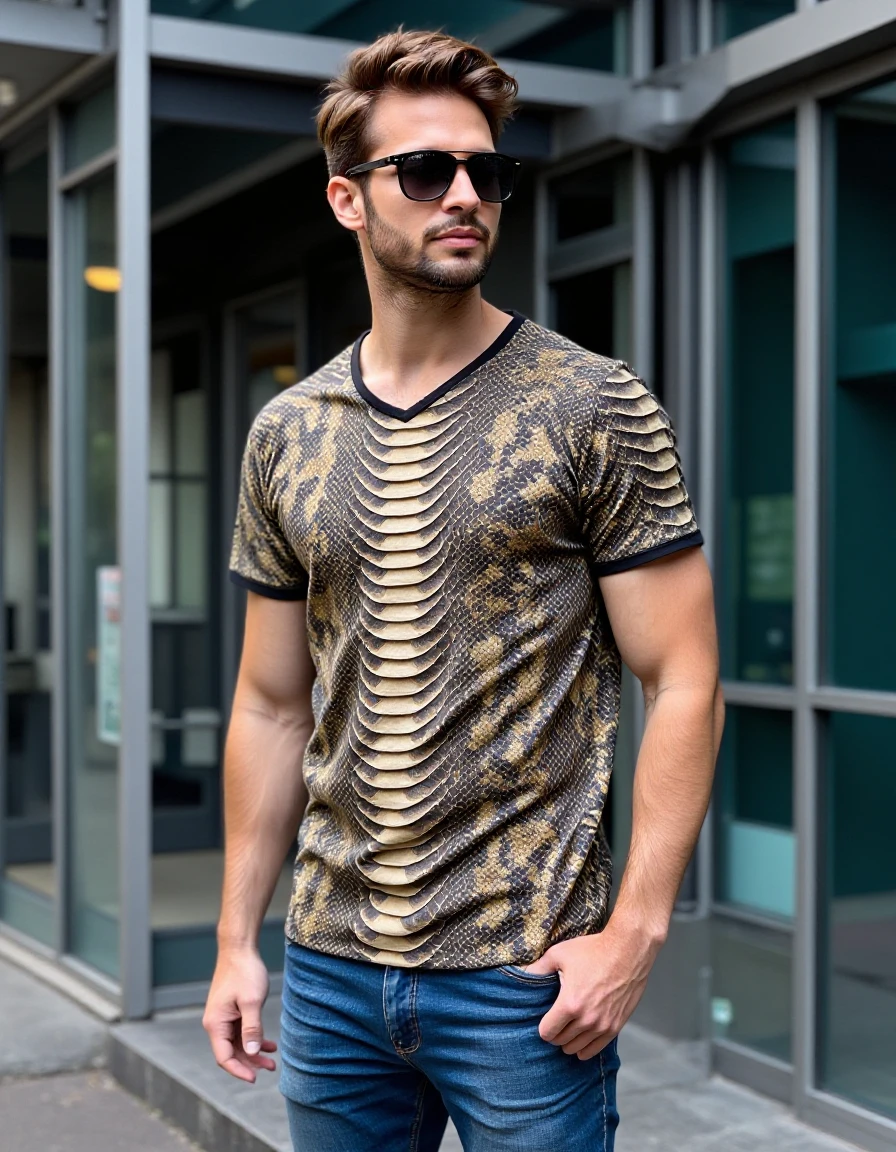 (masterpiece) (highest quality) detailed (((luminescent glowing))) mysterious ancient egyptian god as a ((clothed)) muscular man with (dark tan) in light grey and light blue designer ((((clothes)))) with fishscale pattern, fashion, men's fashion, haute couture, man, dark tan, male model, lotus pond, (Nile river), magic