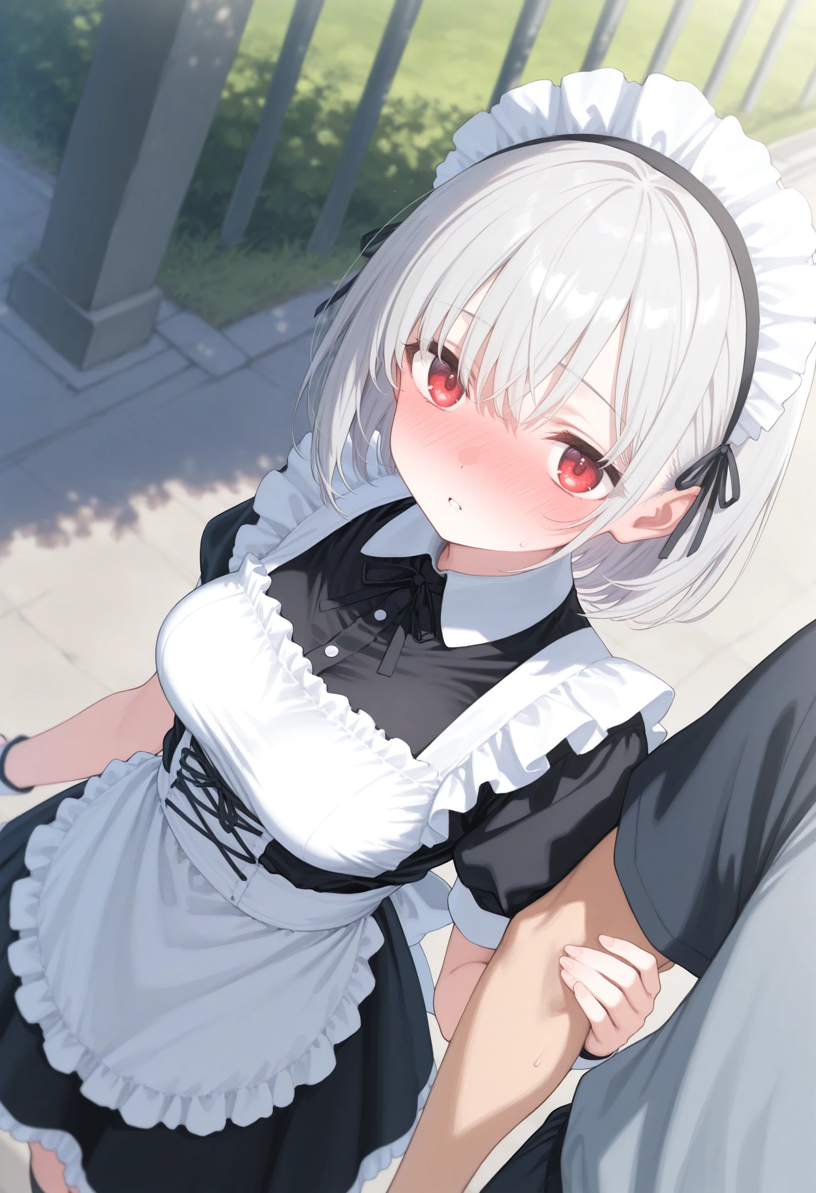 1girl,(sho \(sho lwlw\):0.7),(toosaka asagi:0.5),(sincos:0.3),solo,
masterpiece, best quality, newest, absurdres, CG, anime, source anime, illustration,
maid, maid headdress,medium breasts,
arm hug,solo focus, out of frame, holding another's arm, <lora:armhug_Illust_v1:0.8>
dutch angle, wide shot, looking back, gray hair, red eyes,full-face blush, hillside, parted lips, shiny hair,