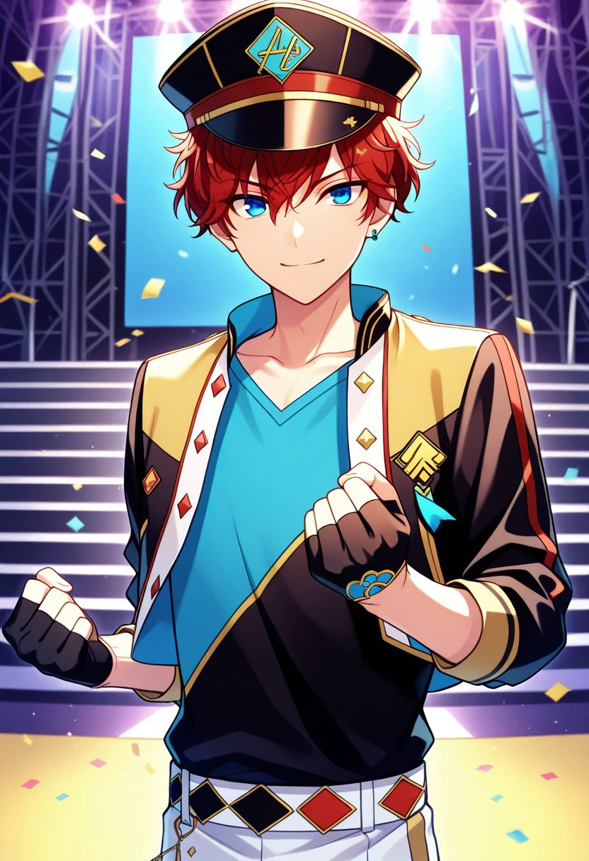 Leo Tsukinaga, pelo largo naranja, blue eyes,  idol marine costume, Handheld microphone, character profile design, cara detallada, dynamic pose, idol boy, fullbody, character design, Ensemble Stars