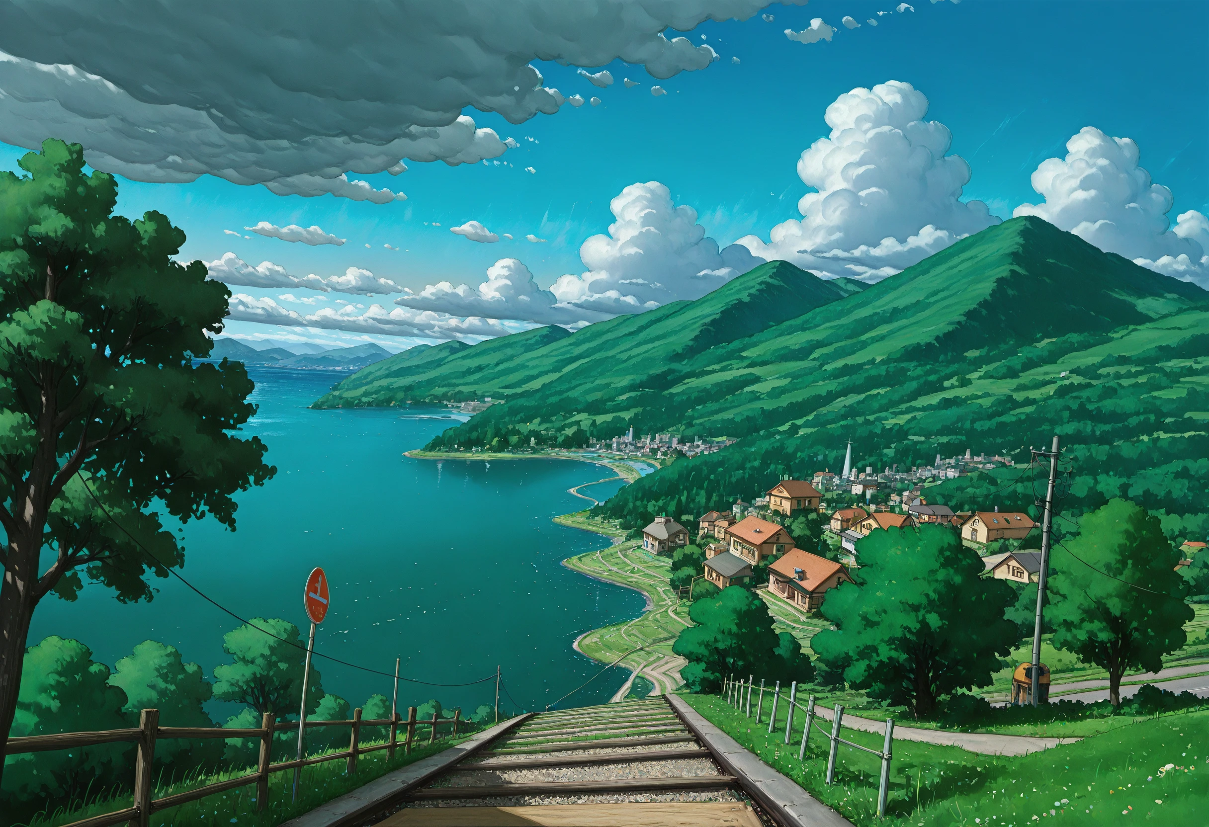 ((cartoon, traditional_media, original, landscape, cowboy_shot, dutch angle))
((on-the-brink, sky, outdoors, day, cloud, water, tree, blue_sky, no_humans, ocean, cloudy_sky, grass, plant, building, nature, scenery, motor_vehicle, forest, mountain, city, sign, fence, horizon, road, car, cityscape, bush, field, house, bridge, green_theme, power_lines, river, street, landscape, utility_pole, road_sign, train, fisheye, mountainous_horizon, path, hill, town, railroad_tracks))
