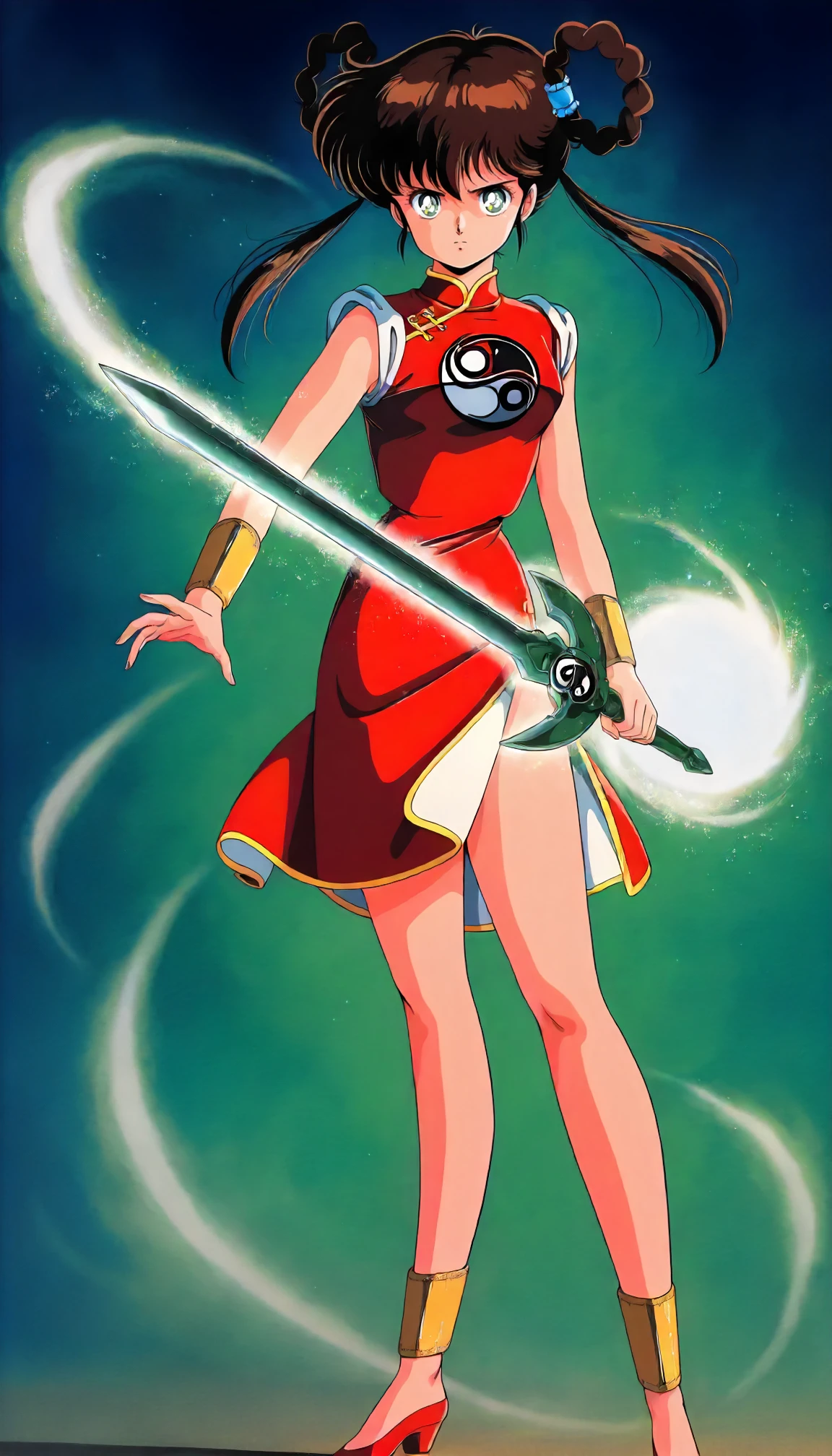 <lora:MHY_mano_youkoXLIllustrious001>,
masterpiece,best quality,good quality,newest,
glitter,
serious,
looking at viewer,
solo,
anime coloring,retro artstyle,1980s \(style\),
mano_youko\(mamono_hunter_youko\),1girl,brown hair,hair rings,twintails,green eyes,
red china_dress,sleeveless,yin yang,side slit,
bracer,
ankle guard,
high heels,
standing,
holding sword,magic,aura effect,