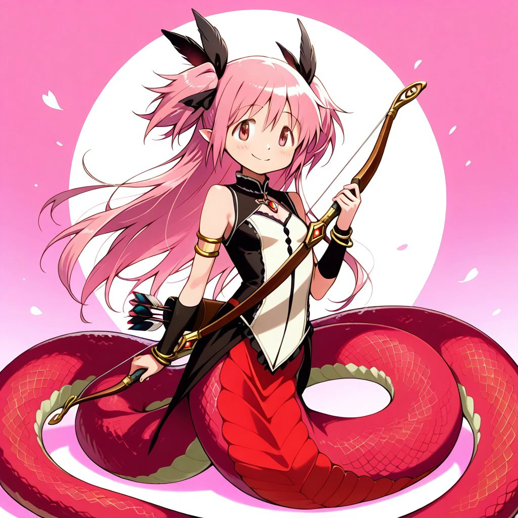 masterpiece, ultra-detailed, best quality, 8K, illustration, absolutely eye-catching,
1girl, solo, sn4ke, snake girl, lamia,
cute girl,
BREAK
cute, age, pointed ears, smile, highly detailed beautiful face and eyes, long hair, hair ornament, Archer, quiver, feather hat, holding a bow, snake tail, kawaii, excited, coiled snake body, detailed,kaname_madoka,pink_hair,pink_eyes
