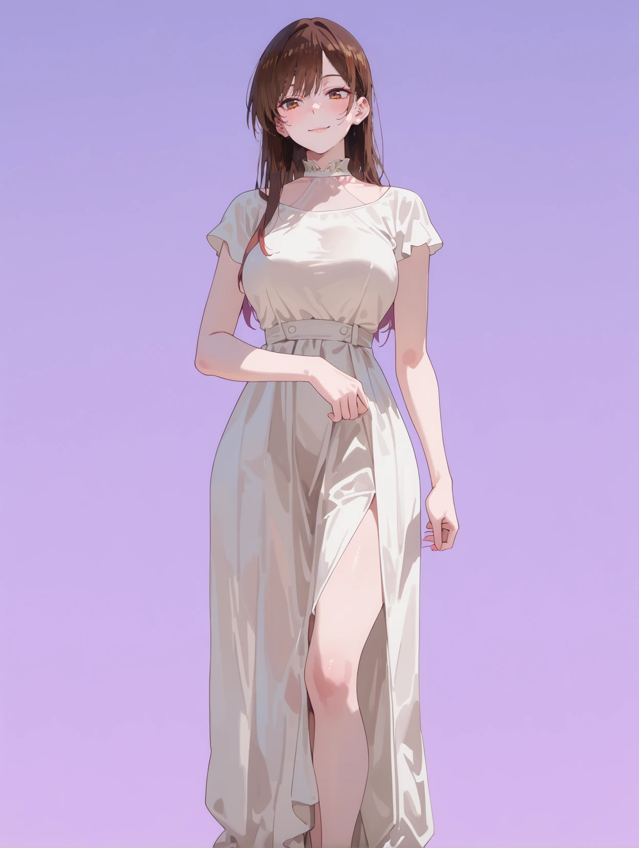 masterpiece,best quality,amazing quality,very aesthetic,absurdres,newest,
front view,full_shot,Wry smile,
ChinoseChizuruCYQL,1girl,solo,brown hair,long hair,bangs,brown eyes,large breasts,Edgy and daring cut-out dress with a high neck and asymmetrical hemline,
full body,standing,covering_mouth,,
blueviolet background,simple background,
qxys,748cmstyle,EtherStyle,<lora:spo_sdxl_10ep_4k-data_lora_webui:0.7>,<lora:96YOTTEA-WAI:0.3>,<lora:illustrious_all_rated_v1:0.7>,<lora:748cmSDXL:0.9>,<lora:EtherSDXL:0.5>,,<lora:ChinoseChizuruCYQL:1>,