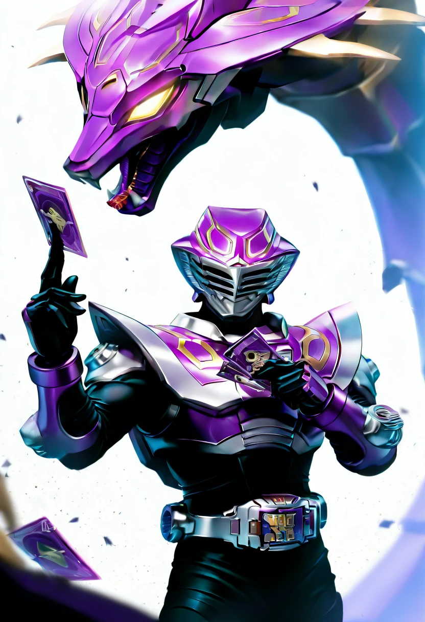 krouja,venosnaker,solo,1boy,white background,holding,upper body,armor,bodysuit,helmet,holding,card,tokusatsu,rider belt,pose<lora:oujaIL:1>purple theme,non-humanoid robot, very awa, masterpiece, best quality, amazing quality, very aesthetic, absurdres, newest,<lora:spo_sdxl_10ep_4k-data_lora_webui:1>