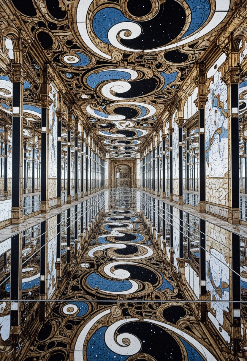 <lora:Pieper-Geometrics-Perspective:0.8>,A room where the walls, floor, and ceiling are mirrors reflecting fractal patterns, Reflections and Mirrors,