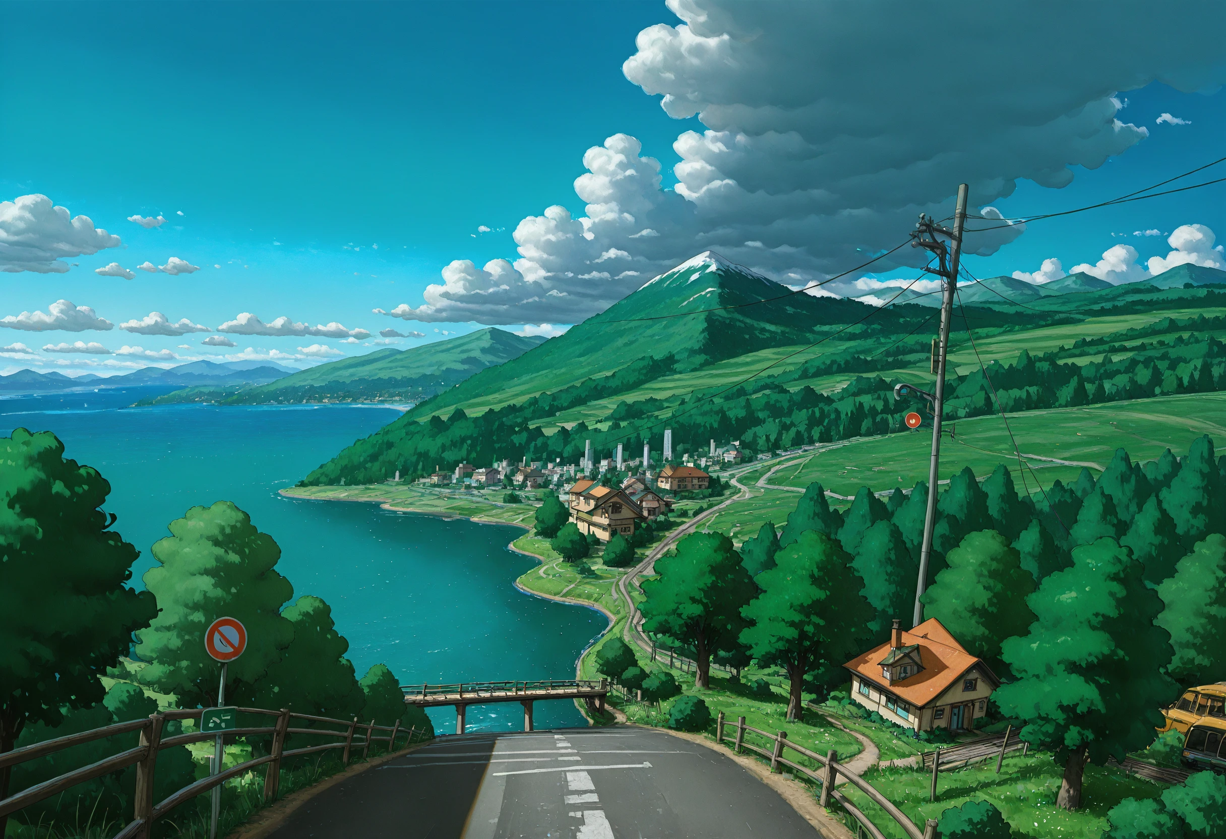 ((cartoon, traditional_media, original, landscape, cowboy_shot, dutch angle))
((on-the-brink, sky, outdoors, day, cloud, water, tree, blue_sky, no_humans, ocean, cloudy_sky, grass, plant, building, nature, scenery, motor_vehicle, forest, mountain, city, sign, fence, horizon, road, car, cityscape, bush, field, house, bridge, green_theme, power_lines, river, street, landscape, utility_pole, road_sign, train, fisheye, mountainous_horizon, path, hill, town, railroad_tracks))
