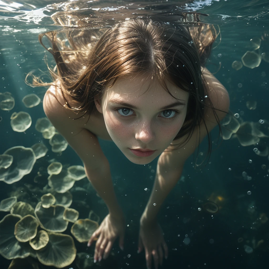 underwater Alice, 1girl, subsurface, high quality close up dslr snapshot of a woman submerged, high definition film grain photo taken at, 666mm lens, global illumination, bare shoulders, reflections, from above, aerial view, particles, sunrays, make-up, depth of field, (white shark in background)0.88,