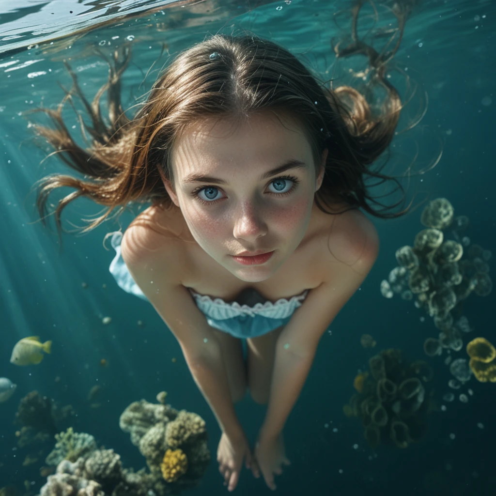 underwater Alice, subsurface, high quality close up dslr snapshot of a woman submerged, high definition film grain photo taken at, 666mm lens, global illumination, bare shoulders, reflections, from above, aerial view, 