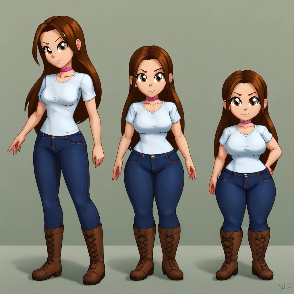 ((character concept art)), ((character design sheet, same character)),(full body view), young adult girl, Tall stature, little chest, closed mouth, brasilian appearance: brown eyes; brown hair; sharp facial features; dimple on the chin; Straight nose; high nose; pronounced high cheekbones; high forehead, stands upright, oiled skin, plump physique, (gigantic breasts:1.2), wide hips, brasilian butt, huge legs, big tighs, detailed face, wear short sundress.