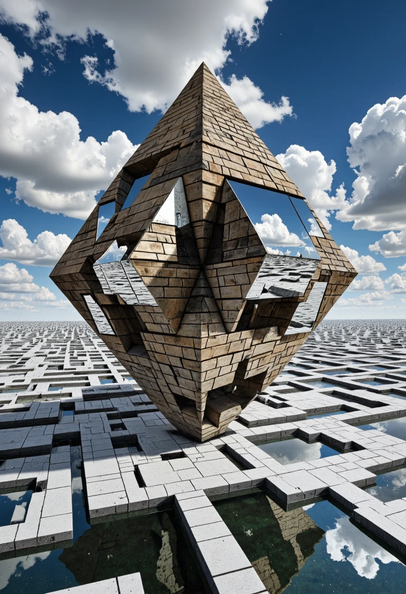 <lora:Pieper-Geometrics-Perspective:0.8>,A mirrored pyramid floating in an Escher-like landscape, Reflections and Mirrors,