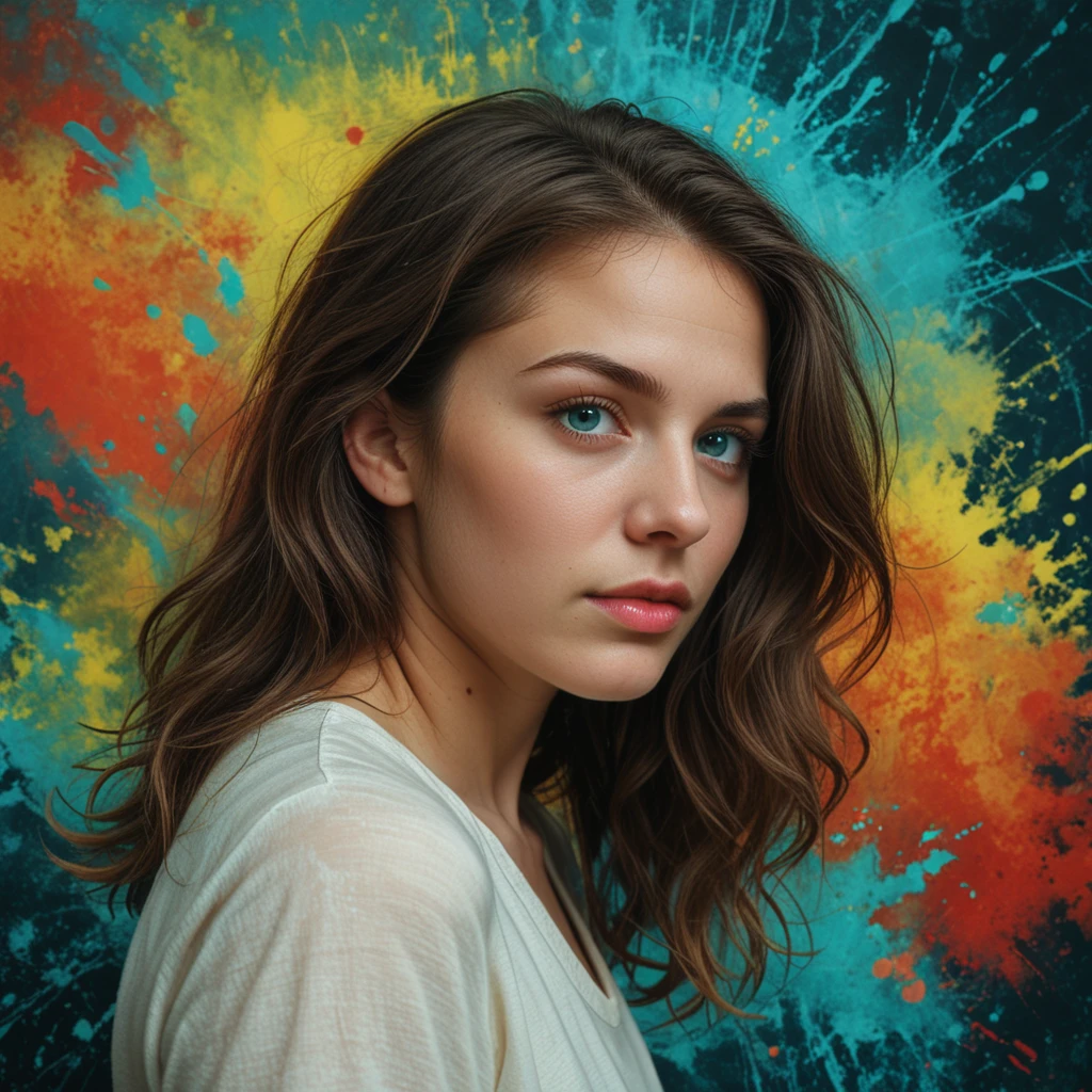 Create an abstract painting featuring a highly detailed, realistic blue eye with long eyelashes as the central focus. Surround the eye with a vibrant, textured background composed of bold, overlapping brushstrokes in red, yellow, white, black, and teal. Ensure the colors blend and contrast dynamically, creating a sense of depth and movement. The eye should appear to be emerging from the abstract background, with the colors partially covering and framing it. The overall composition should evoke a sense of mystery and intrigue, combining realism with abstract expressionism.