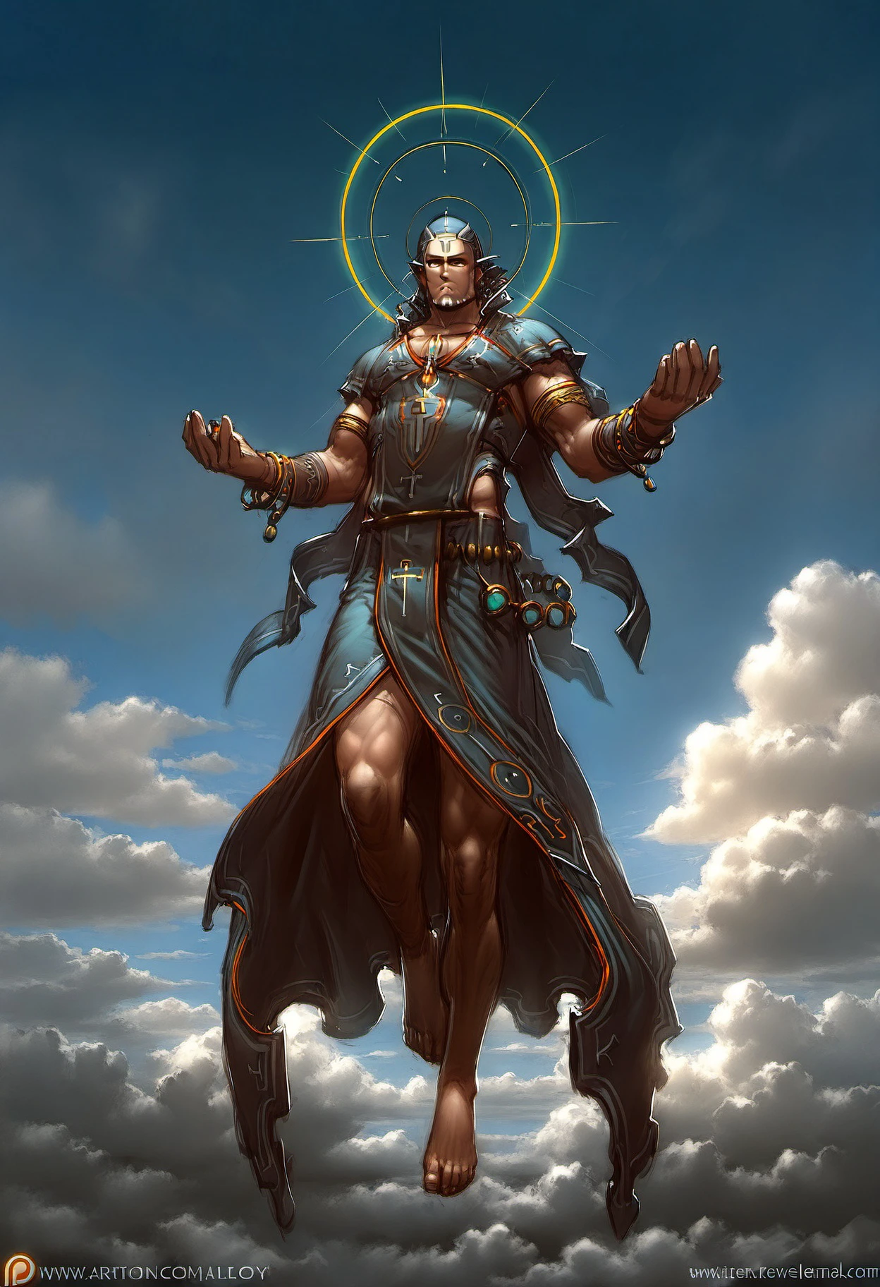 masterpiece, best quality, <lora:dark_fantasy_style_ill_v1:1> dark_fantasy, solo, 1boy, jewelry, full body, male focus, sky, barefoot, artist name, cloud, halo, bracelet, cloudy sky, web address, floating, personification