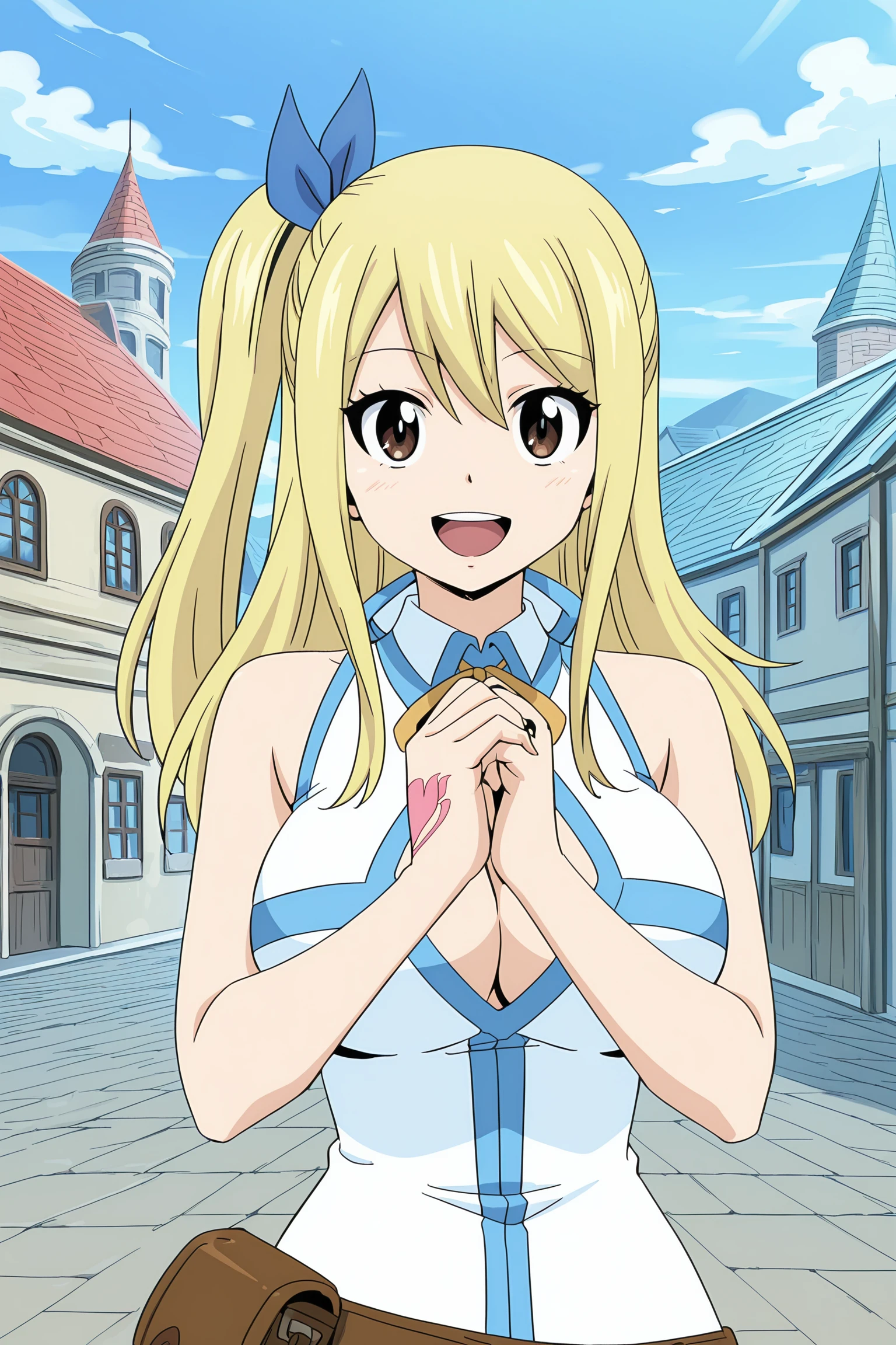 clothed, extremely detailed, extremely detailed CG, masterpiece, best quality, perfect details, ultra-detailed, high resolution, finely detailed beautiful eyes and detailed face, very delicate light, (intricate details), detailed texture, perfect face, colorful, beautiful hair, lucy heartfilia, brown eyes, blonde hair, blue hair ribbon, church, sunlight from sky, medieval street, 1girl, solo, (embarrassed, blush:1.2), clencehd teeth, side ponytail, bare shoulders, medium breasts, exposed shoulders, covered nipples, <lora:lucy:0.7>