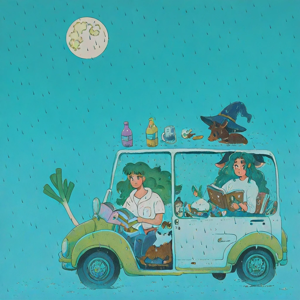 Cuti3C0mics, food, white shirt, spring onion, book, mug, animal focus, motor vehicle, animal hood, rain, long hair, moon, witch hat, green hair, bottle