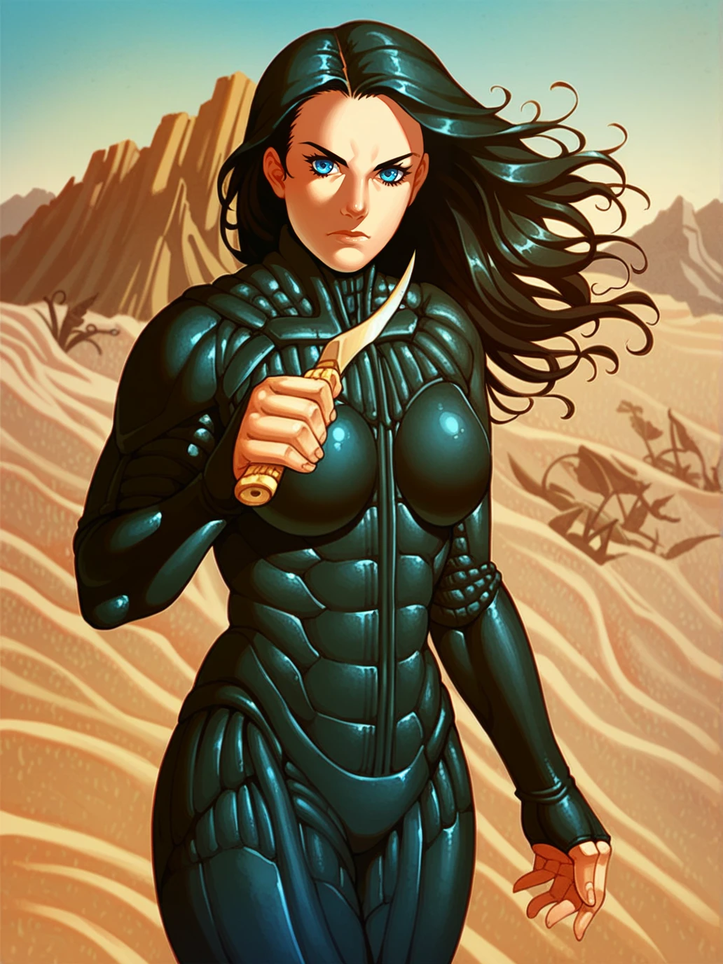 score_9, score_8_up, score_7_up, <lora:stillsuit-1984:1> lyncsuit_ponyv1, science fiction, blue eyes, black hair, long hair, matte black bodysuit, 1girl, desert, high quality, detailed, intricate details, best quality, <lora:Crysknife:0.7> lynchknife_ponyv1, knife, weapon, holding knife, hand up